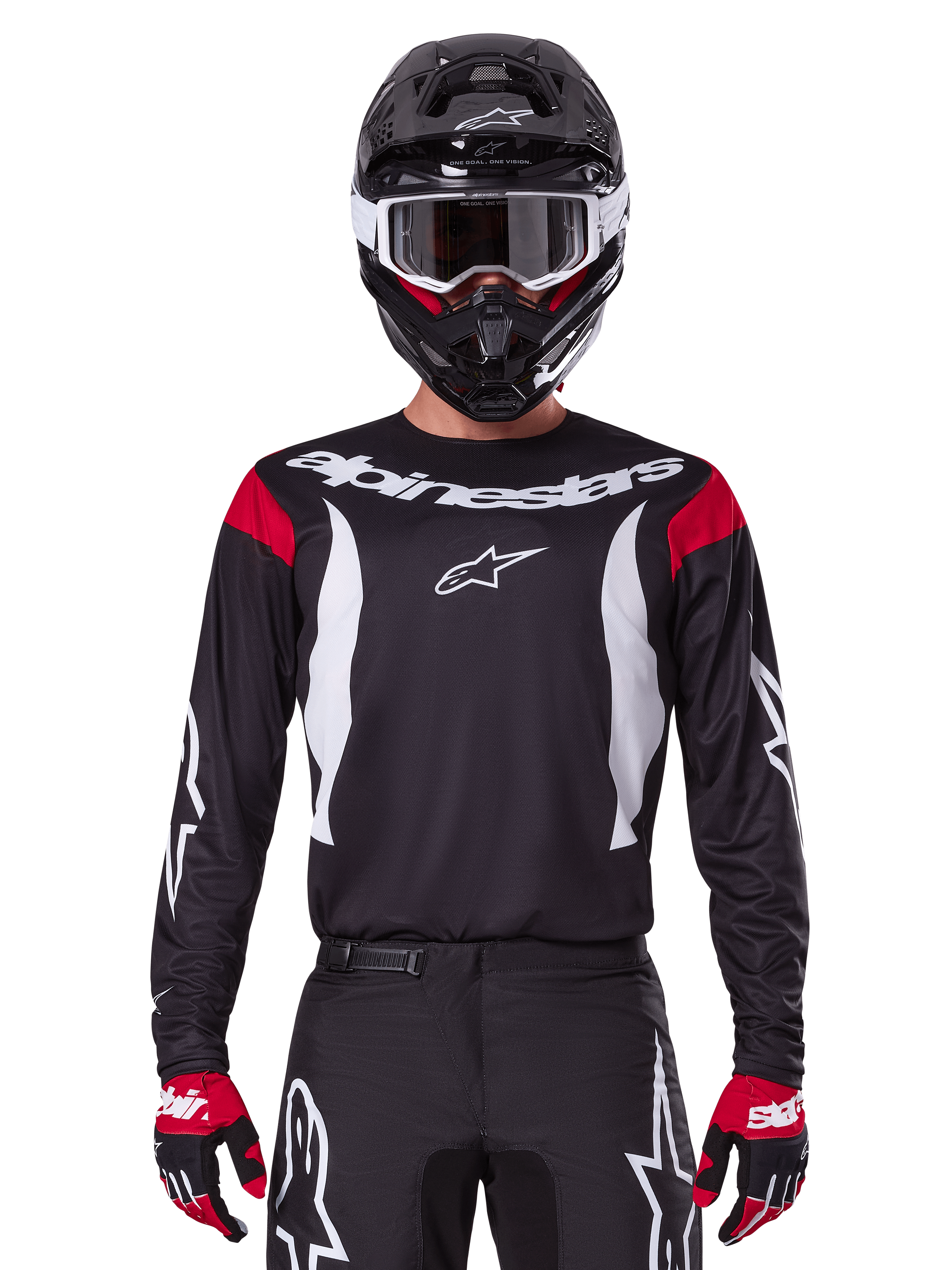 Alpinestars 2025 Fluid Haul trøje og udstyrssæt til mænd, sort og hvid med røde detaljer, teknisk off-road beklædning.