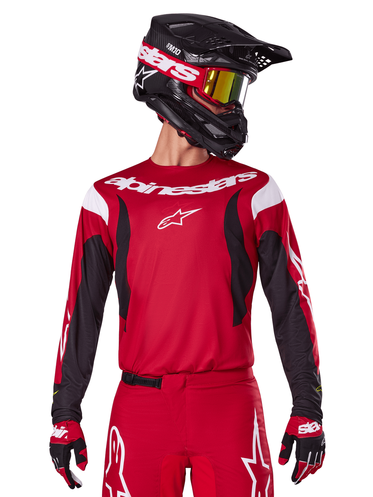 Alpinestars 2025 Fluid Haul trøje og komplet-sæt til herrer, rød og sort motocrosstøj med hjelm og goggles.