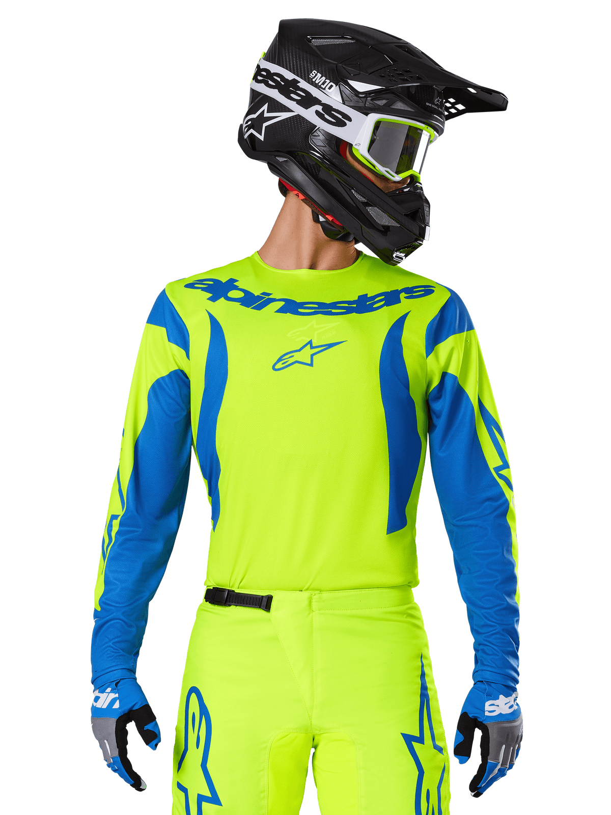Alpinestars 2025 Fluid Haul trøje, motocross-jersey, neongul og blå, med blåt Alpinestars-logo på brystet, vist sammen med matchende udstyr inklusiv en sort hjelm og blå handsker, atletisk pasform til off-road kørsel