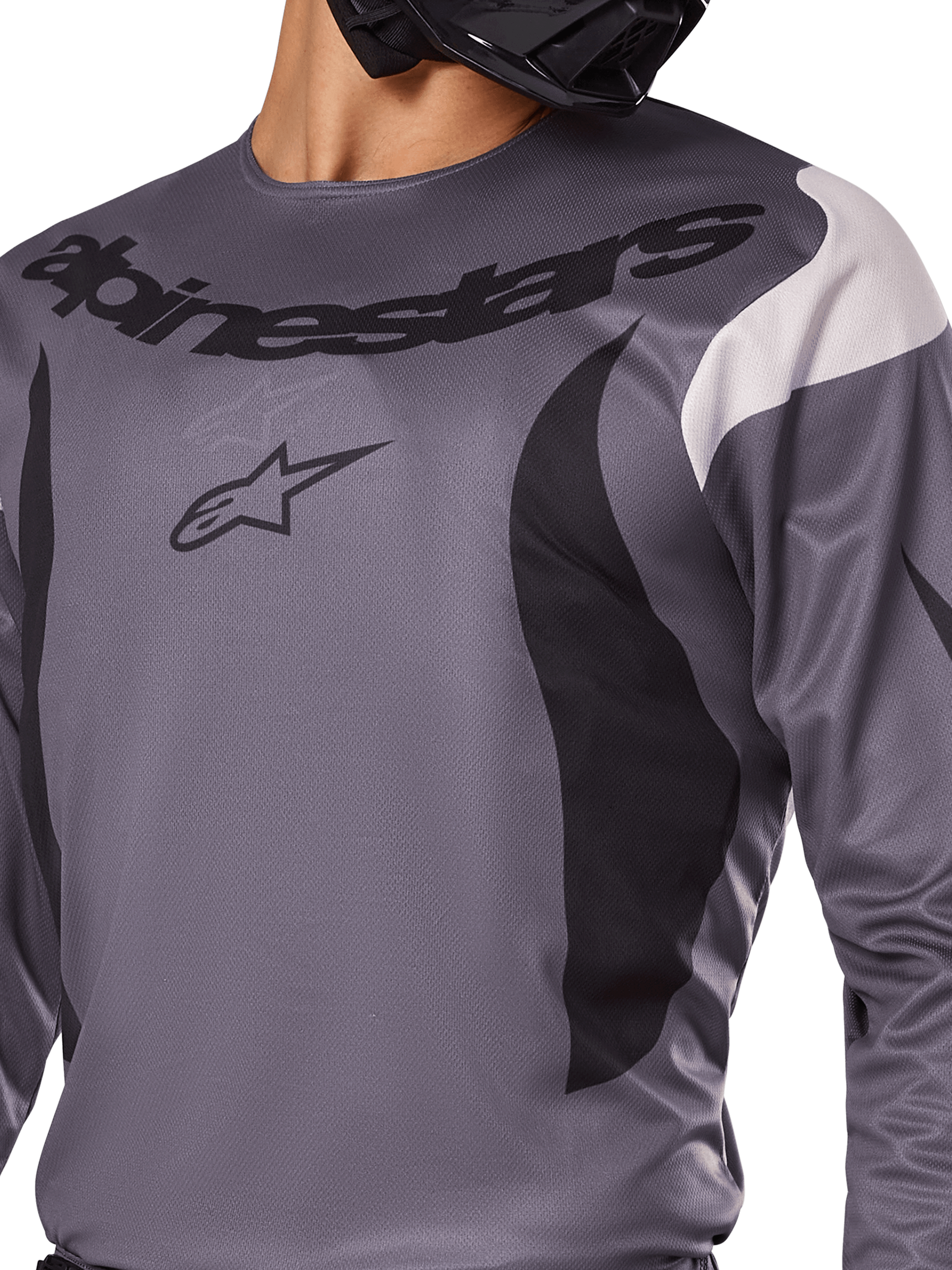 Alpinestars 2025 Fluid Haul Jersey, Motocross Jersey, Gray with black and white accents, featuring the Alpinestars logo and wordmark on the chest, sport fit for off-road racing.