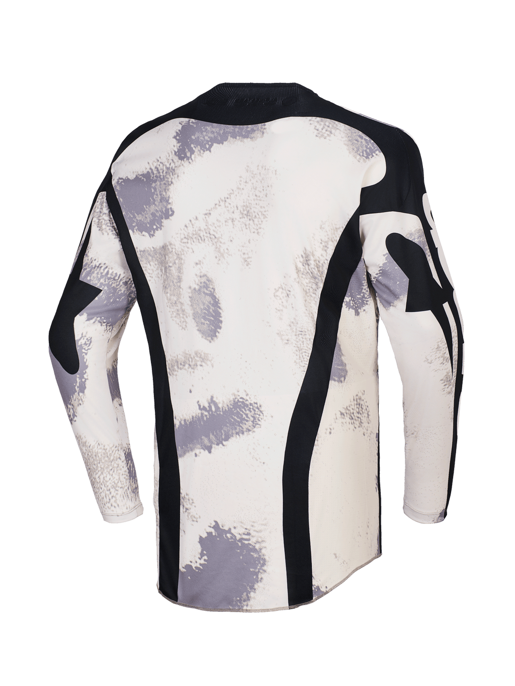 Alpinestars 2026 Racer Lahnd trøje, motocross-trøje, Sand Camo med off-white og grå penselstrøgsmønstre, set bagfra med lodrette sorte mesh-paneler, sort krave og forlænget rygprofil for dækning.