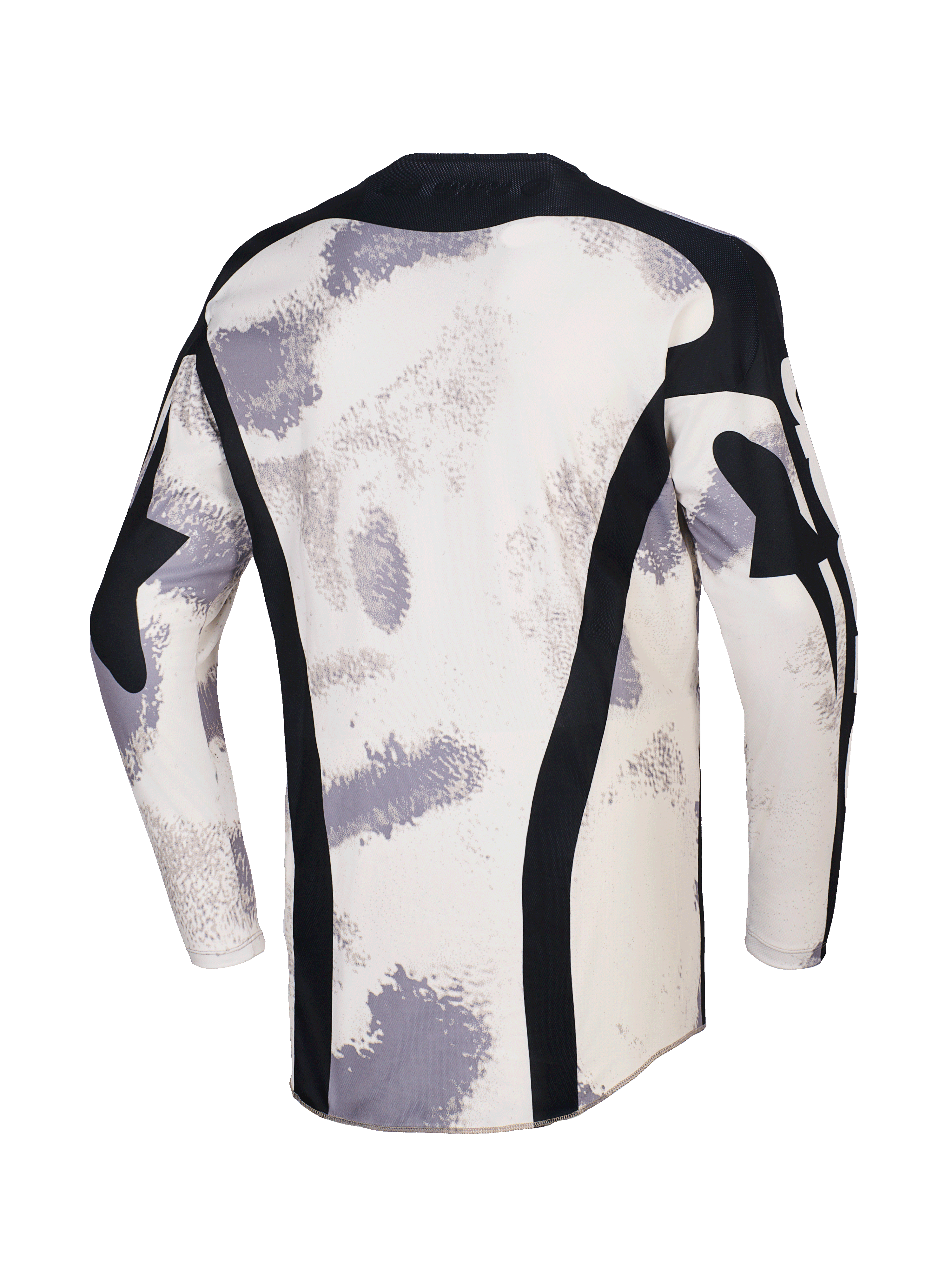Alpinestars 2026 Racer Lahnd Jersey, Motocross Jersey, Sand Camo with off-white and gray brushstroke patterns, back view featuring vertical black mesh panels, black collar, and extended rear profile for coverage.