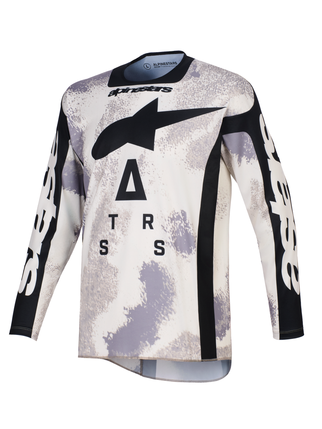Alpinestars 2026 Racer Lahnd trøje, motocross-trøje, Sand Camo grå og hvid, med et stort sort A-stjerne-logo og stiliseret tekst på brystet, sort rund hals og sidepaneler, lange ærmer med hvid branding, professionelt off-road racertøj