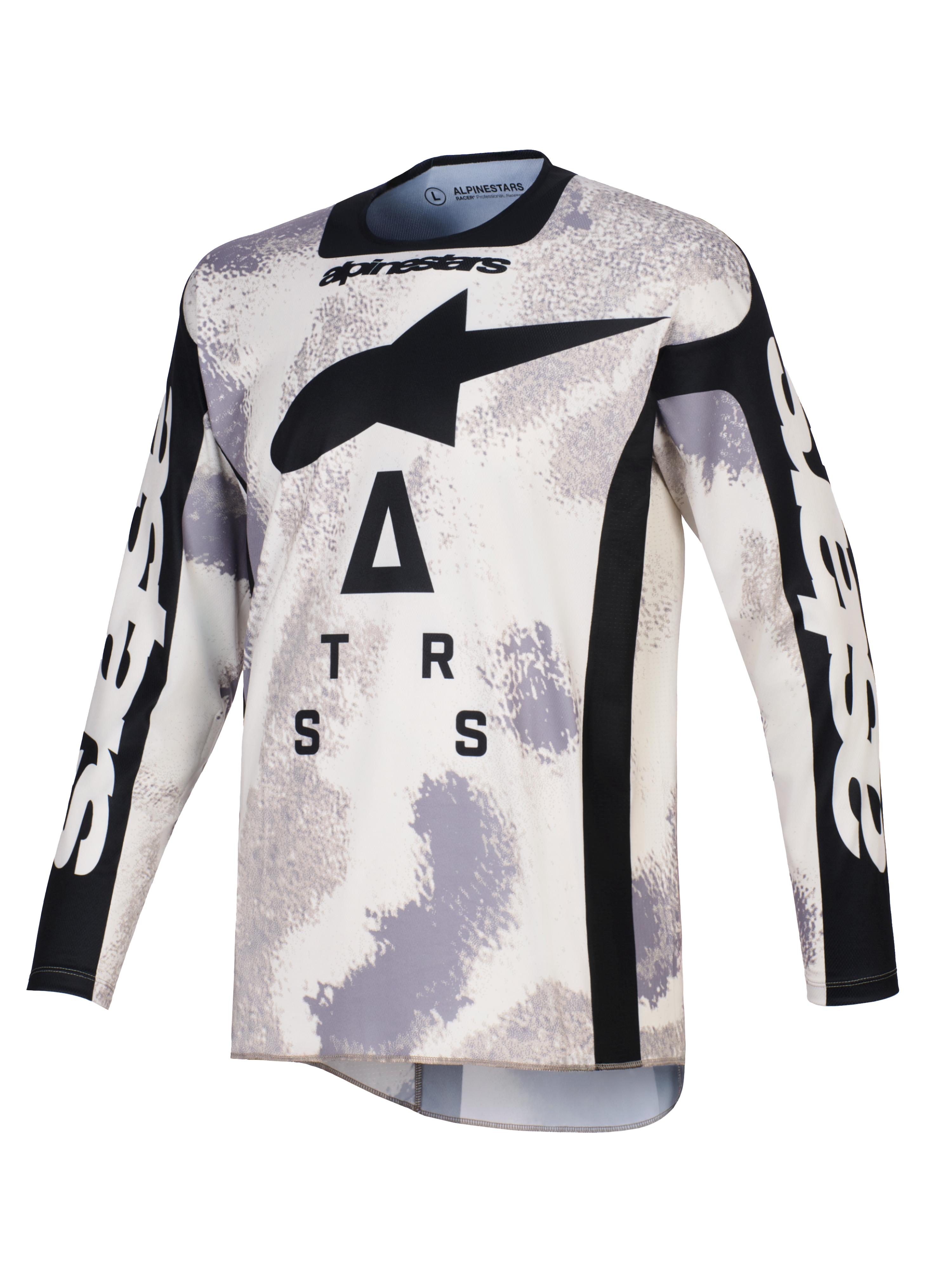 Alpinestars 2026 Racer Lahnd Jersey, Motocross Jersey, Sand Camo gray and white, featuring a large black A-star logo and stylized lettering on the chest, black crew neck and side panels, long sleeves with white branding, professional off-road racing apparel.
