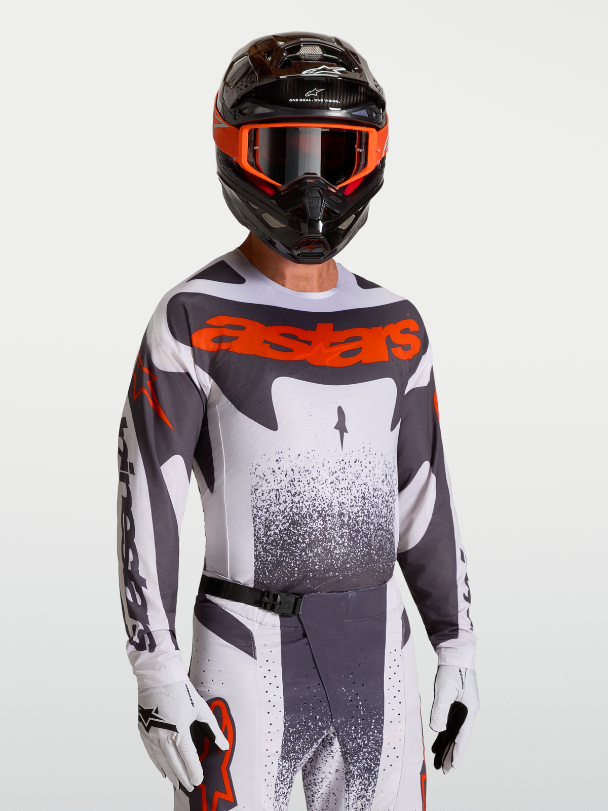 Alpinestars Techstar Swan Jersey, Motocross Top in Gray and Red Fluo, with race-fit stretch and laser-cut ventilation.
