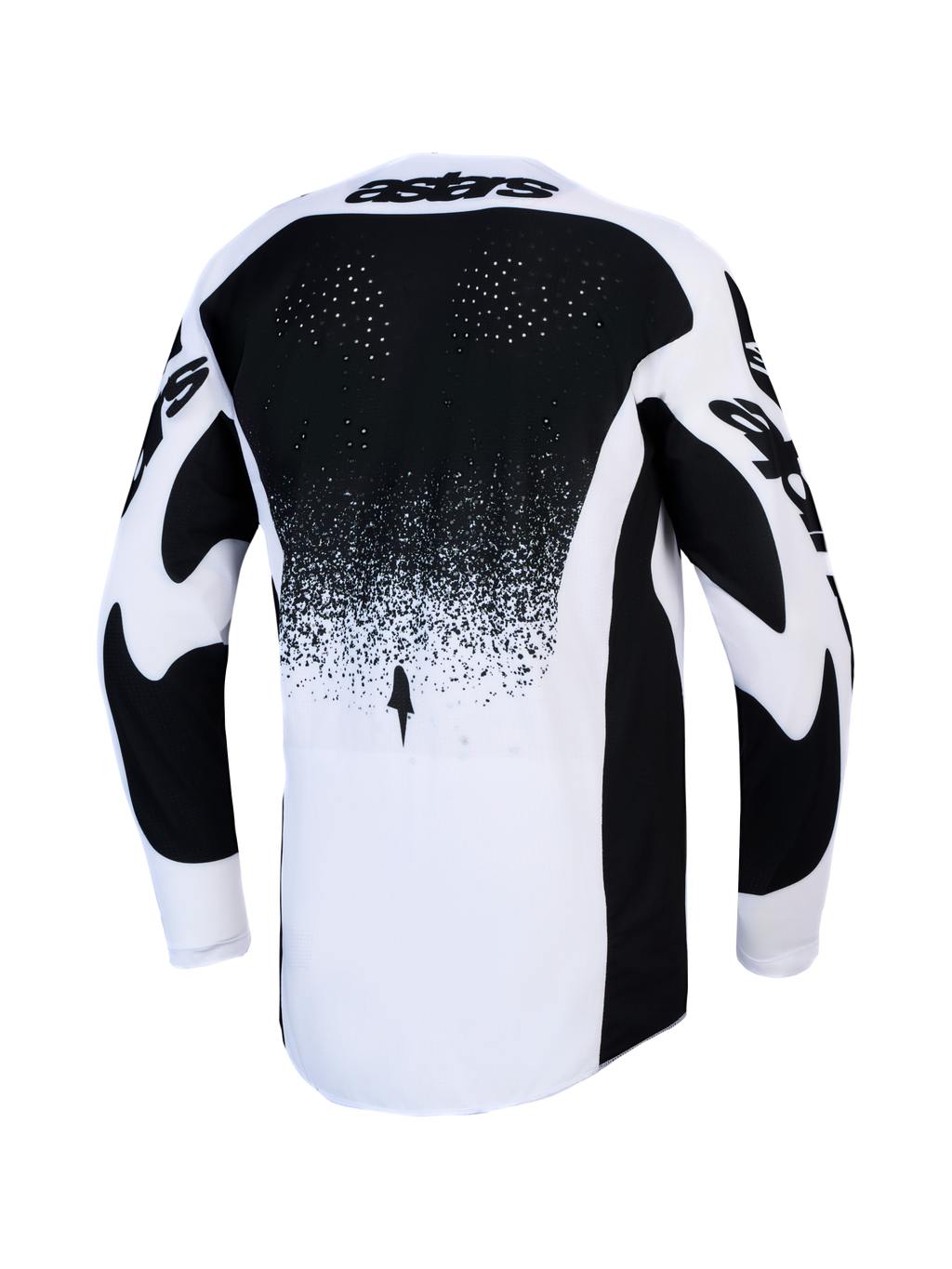 Alpinestars Techstar Swan trøje til herrer, motocross-racerstrøje i sort og hvid, set bagfra med rygventilation og forlænget ryg.