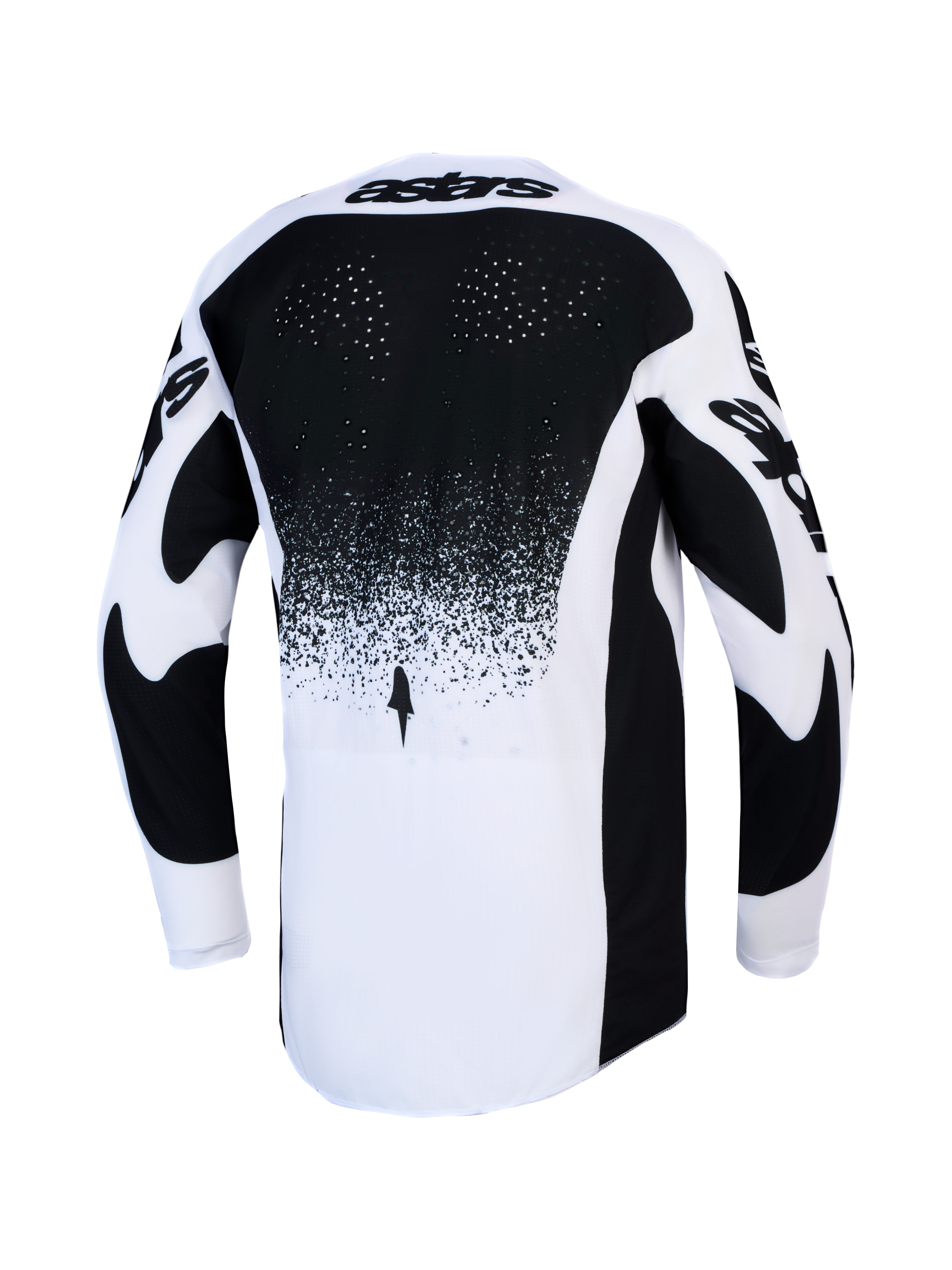 Alpinestars Techstar Swan trøje til herrer, motocross-racerstrøje i sort og hvid, set bagfra med rygventilation og forlænget ryg.