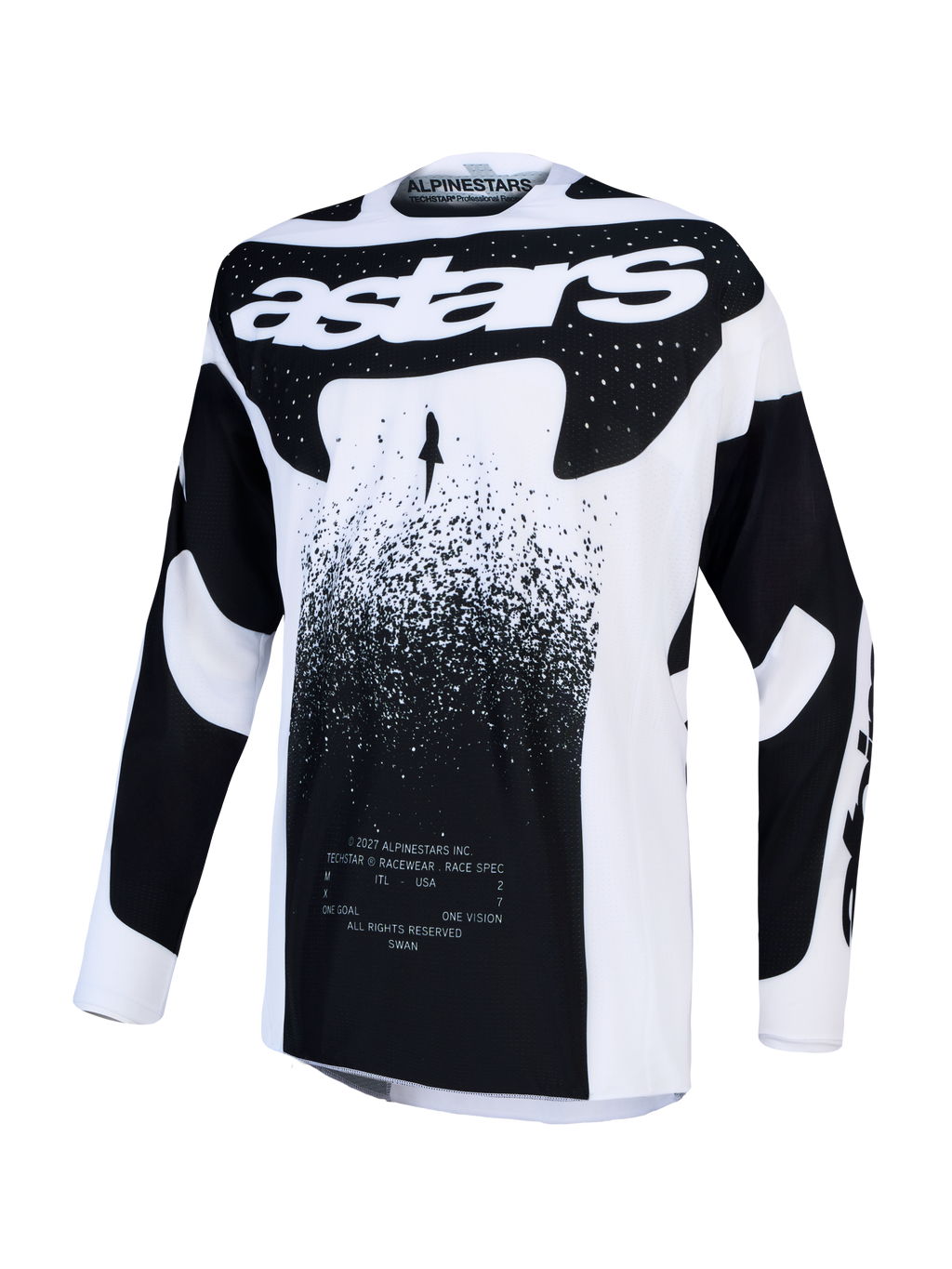 Alpinestars Techstar Swan trøje, herre-motocrossracingtrøje, hvid og sort, letvægts stretchstof med atletisk pasform.