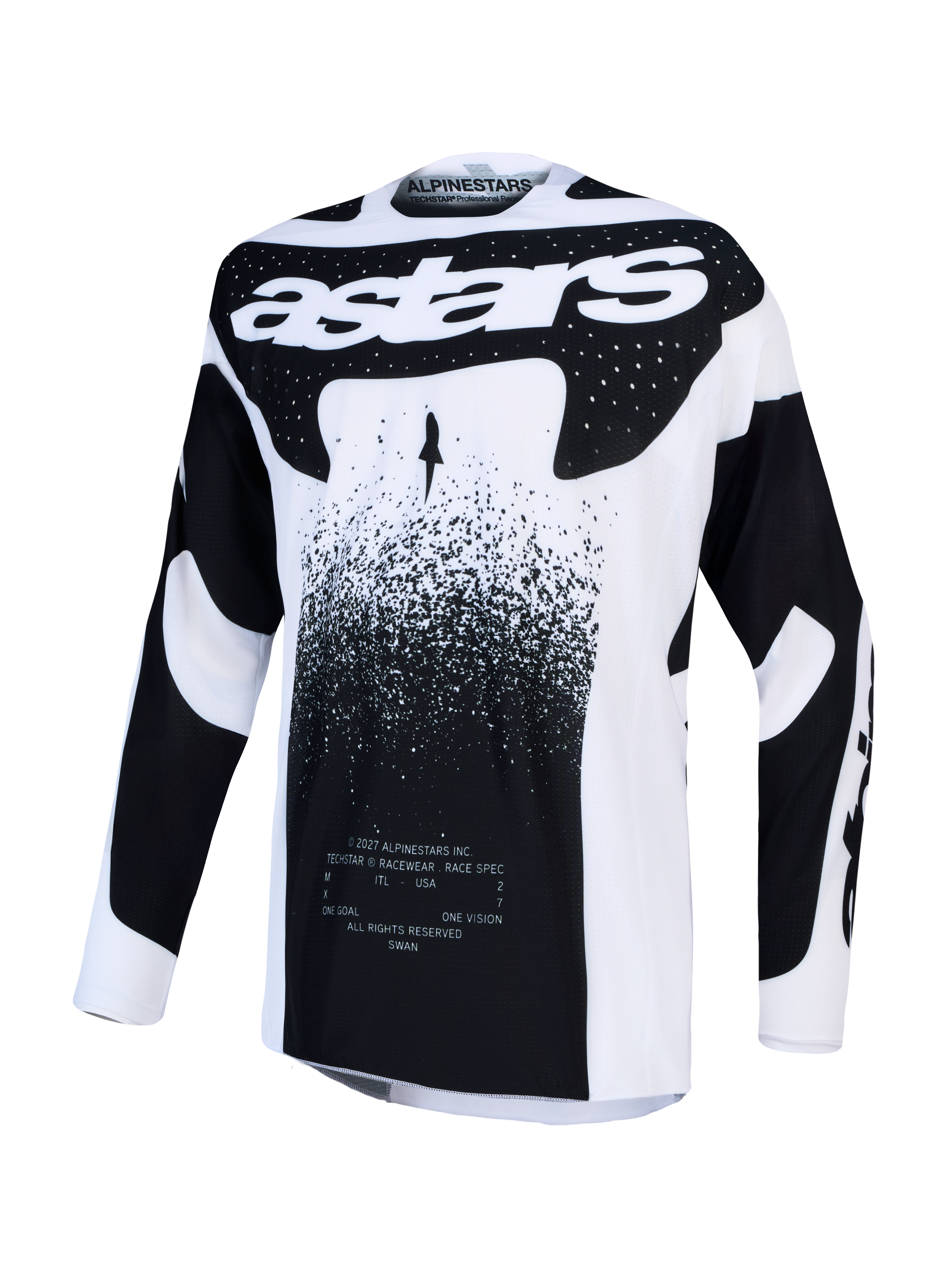 Alpinestars Techstar Swan trøje, herre-motocrossracingtrøje, hvid og sort, letvægts stretchstof med atletisk pasform.