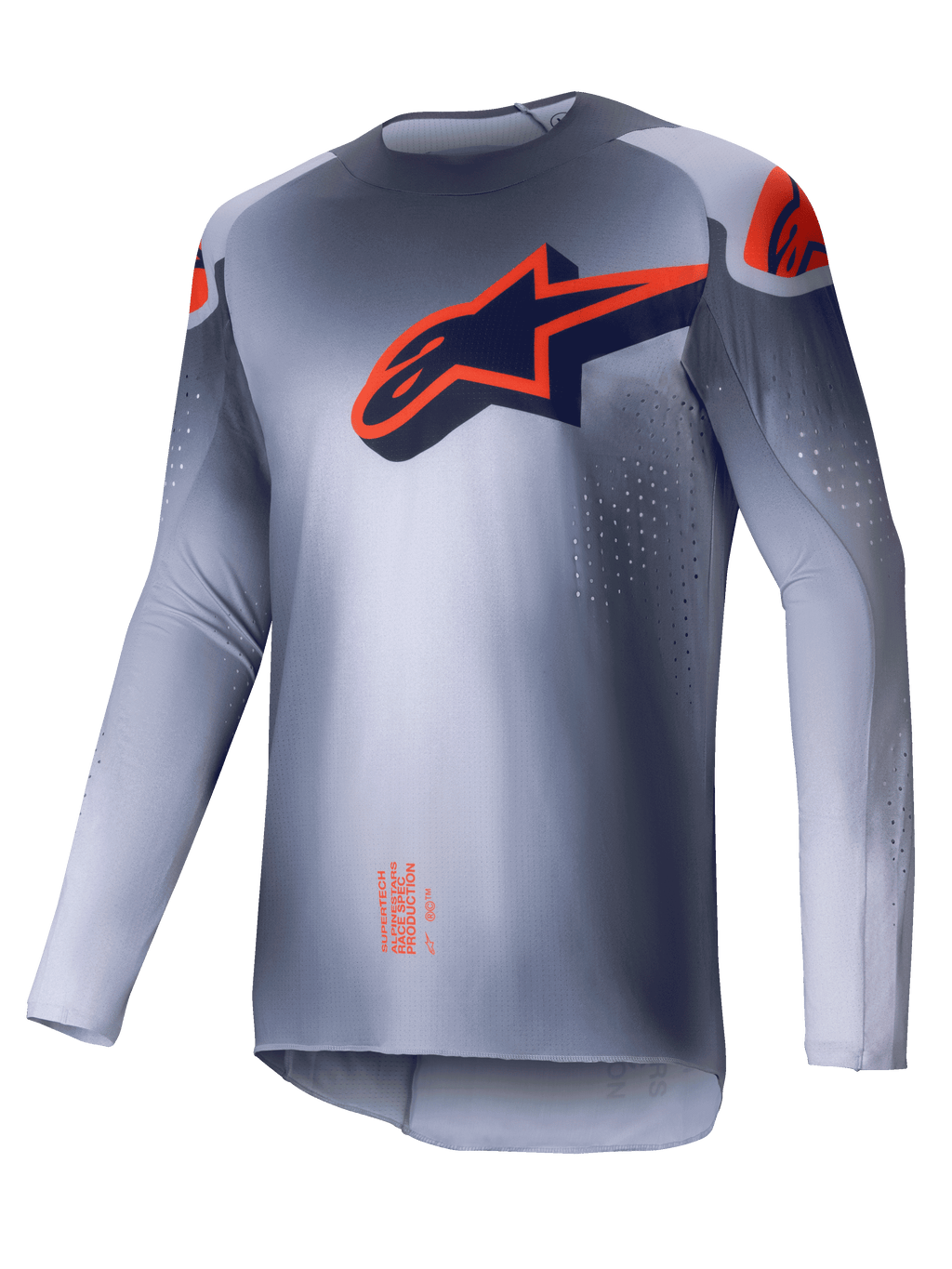 Alpinestars 2025 Supertech Lipan trøje, herre motocross trøje, grå og orange fluo, let atletisk race-pasform med laserskårne ventilationsperforeringer