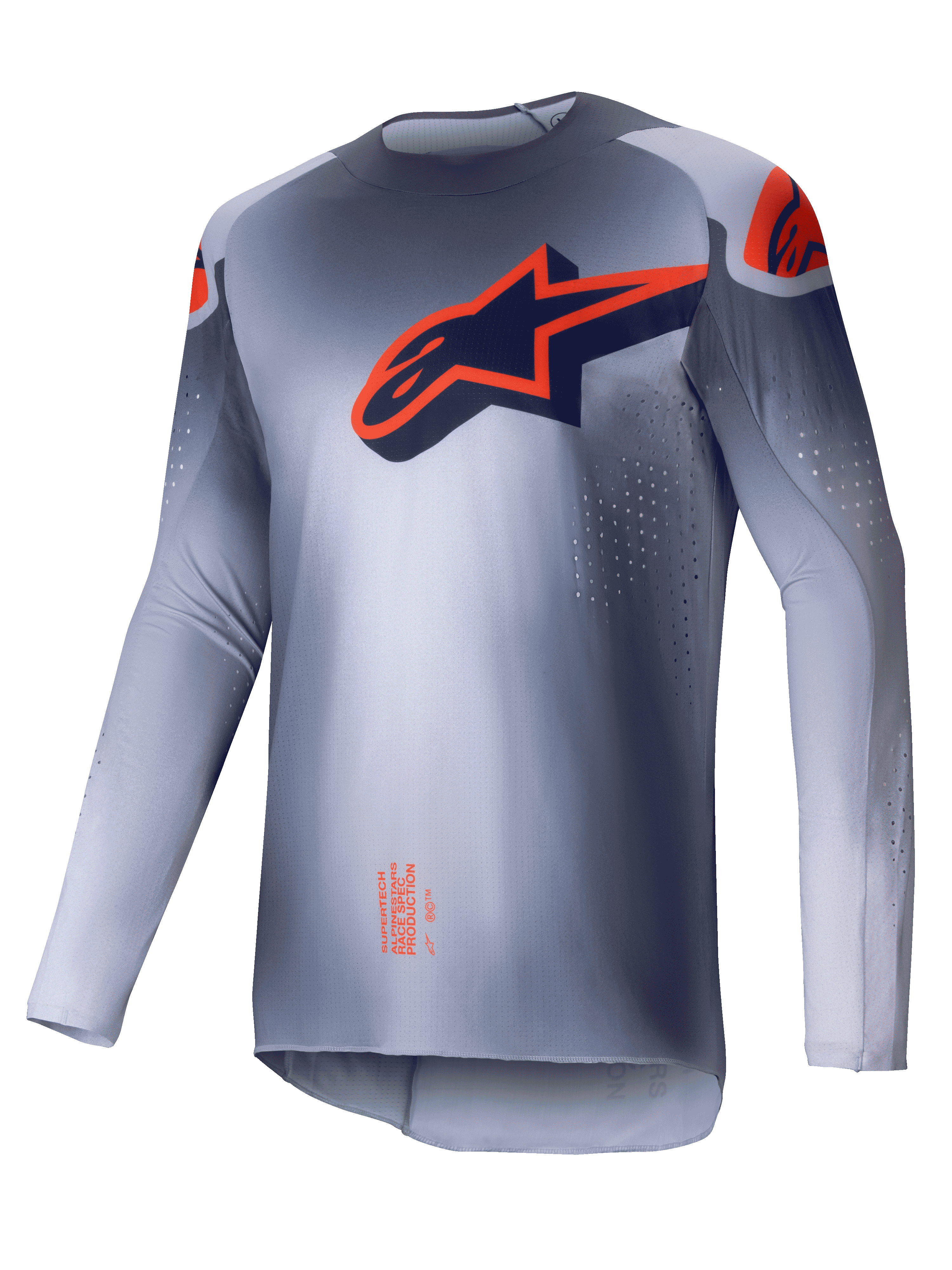 Alpinestars 2025 Supertech Lipan trøje, herre motocross trøje, grå og orange fluo, let atletisk race-pasform med laserskårne ventilationsperforeringer