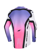 Alpinestars 2026 Supertech AFD Vista jersey, motocross jersey, hvid, lilla og sort med lyserød farveovergang, set bagfra med Supertech AFD race-spec tekst og Alpinestars branding, professionelt atletisk terrænudstyr