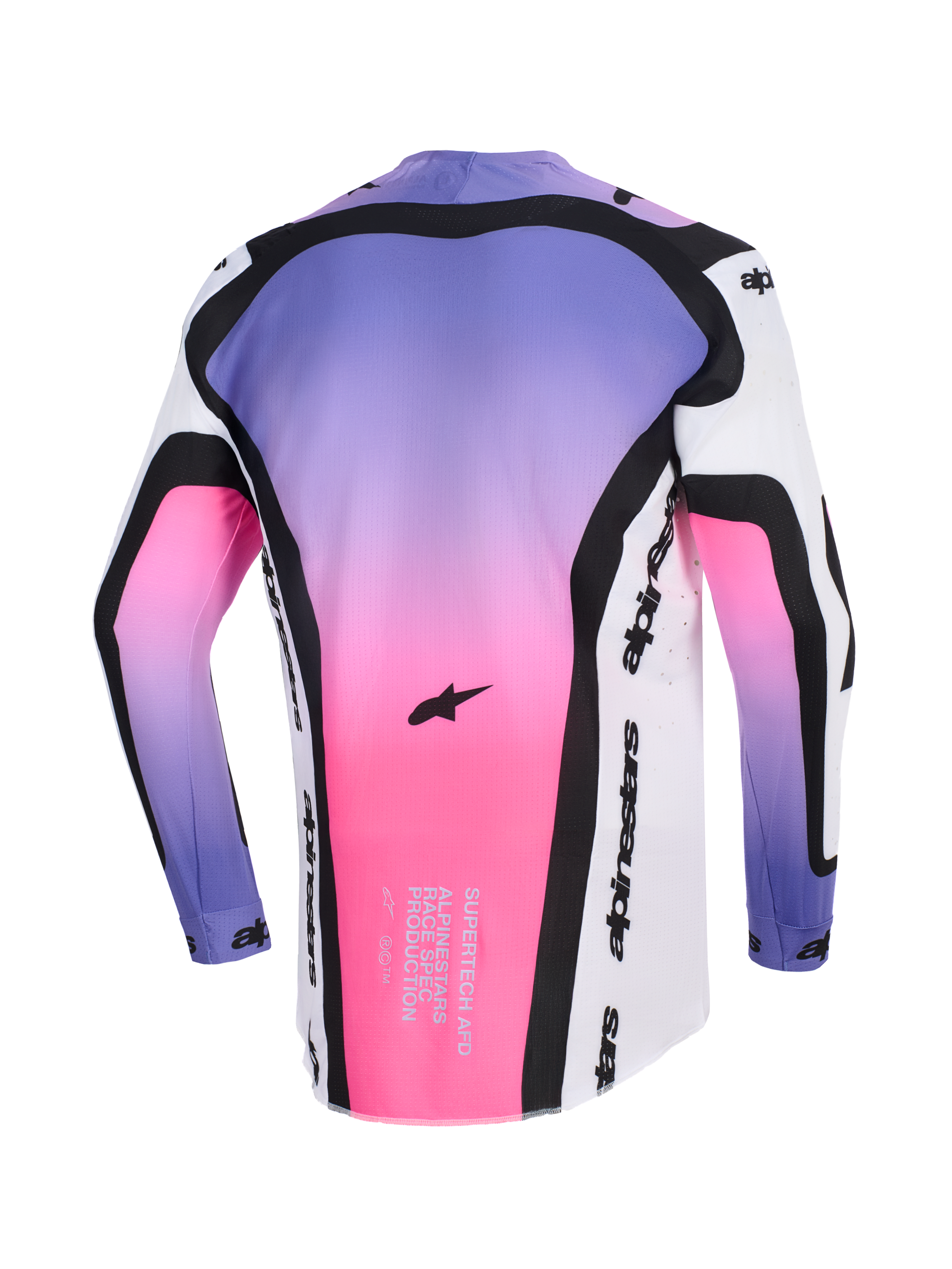 Alpinestars 2026 Supertech AFD Vista jersey, motocross jersey, hvid, lilla og sort med lyserød farveovergang, set bagfra med Supertech AFD race-spec tekst og Alpinestars branding, professionelt atletisk terrænudstyr