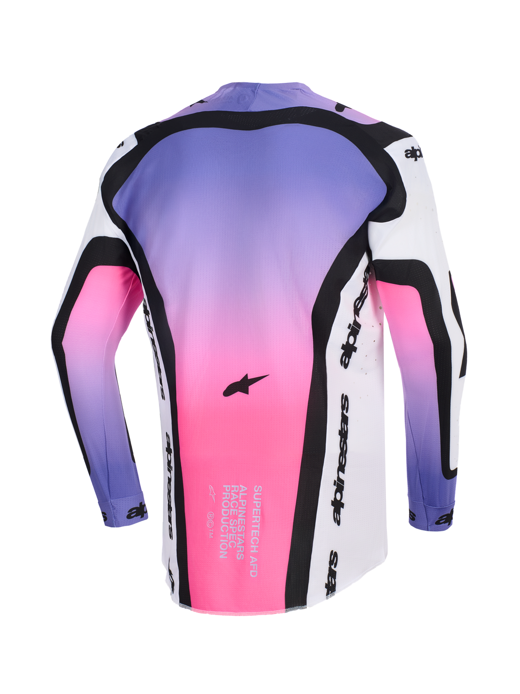 Alpinestars 2026 Supertech AFD Vista trøje, motocross-trøje, hvid, lilla og sort med lyserød og lilla farveovergang, set bagfra med sorte konturerede paneler, Alpinestars-logo og race-spec tekst på den nederste kant, atletisk pasform til præstationer i terræn