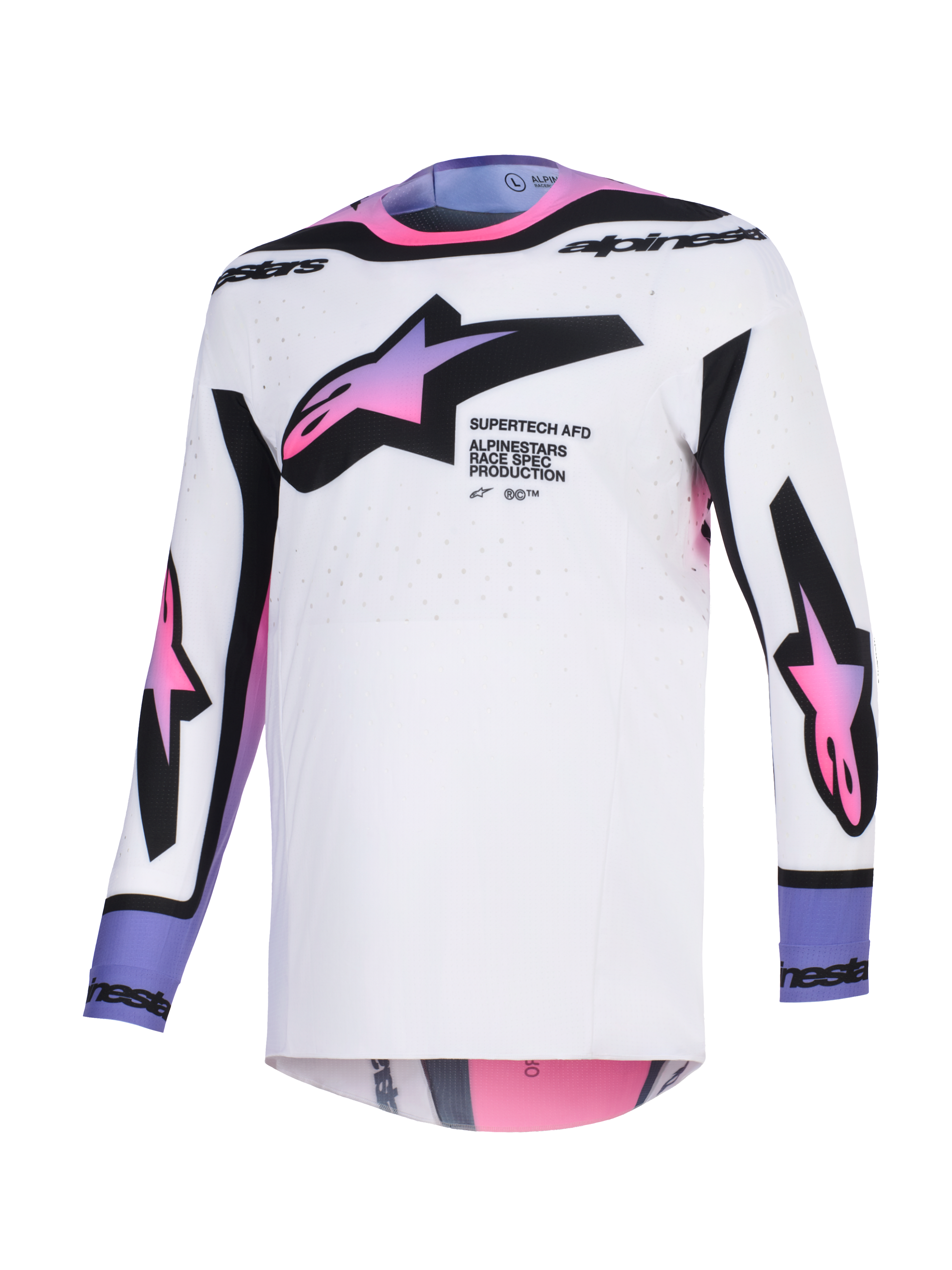 Alpinestars 2026 Supertech AFD Vista trøje, motocross-trøje, hvid med pink og lilla gradient-stjernelogoer, sorte detaljer og tekstbranding, atletisk pasform med laserskårne ventilationshuller, professionelt terrænkørselsudstyr