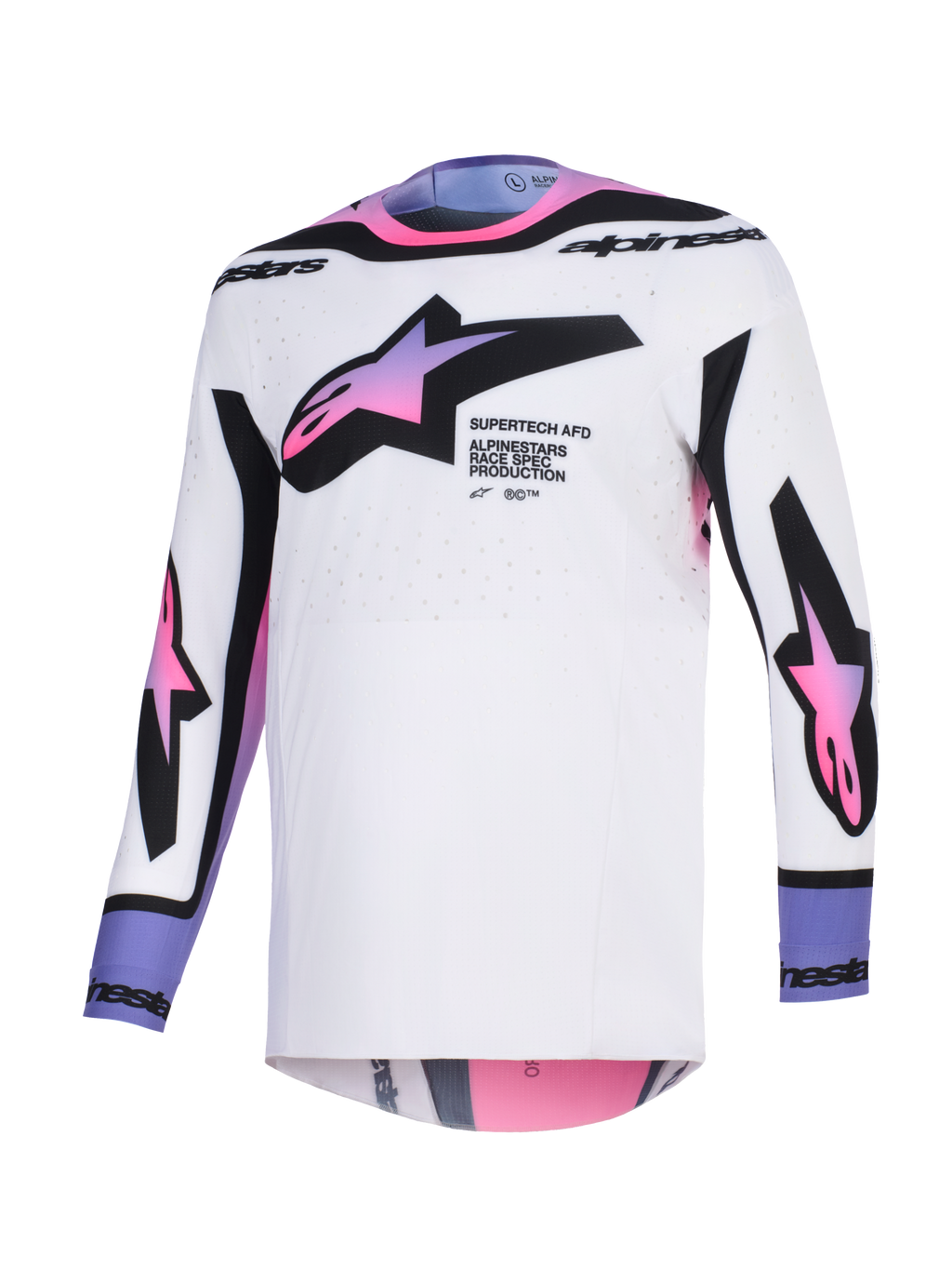 Alpinestars 2026 Supertech AFD Vista trøje, motocross-trøje, hvid, lilla og sort, hvid base med pink og lilla gradient stjernelogoer på brystet og ærmerne, sort branding på krave og manchetter, atletisk pasform og perforeret mesh-stof til ventilation
