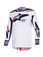 Alpinestars 2026 Supertech AFD Vista trøje, motocross-trøje, hvid, lilla og sort, hvid base med pink og lilla gradient stjernelogoer på brystet og ærmerne, sort branding på krave og manchetter, atletisk pasform og perforeret mesh-stof til ventilation
