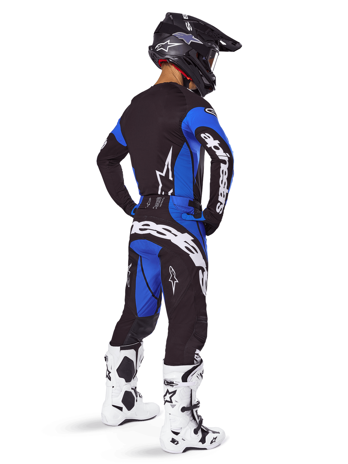 Alpinestars 2025 Techstar Dreem motocrossudstyrssæt til herrer, sort og blå, teknisk beklædning set bagfra.