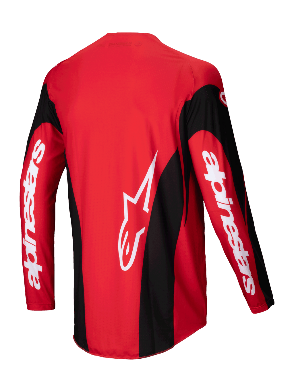 Alpinestars 2025 Techstar Dreem Trøje, motocross trøje set bagfra, rød og sort, let poly-stof stræk konstruktion og forlænget ryg