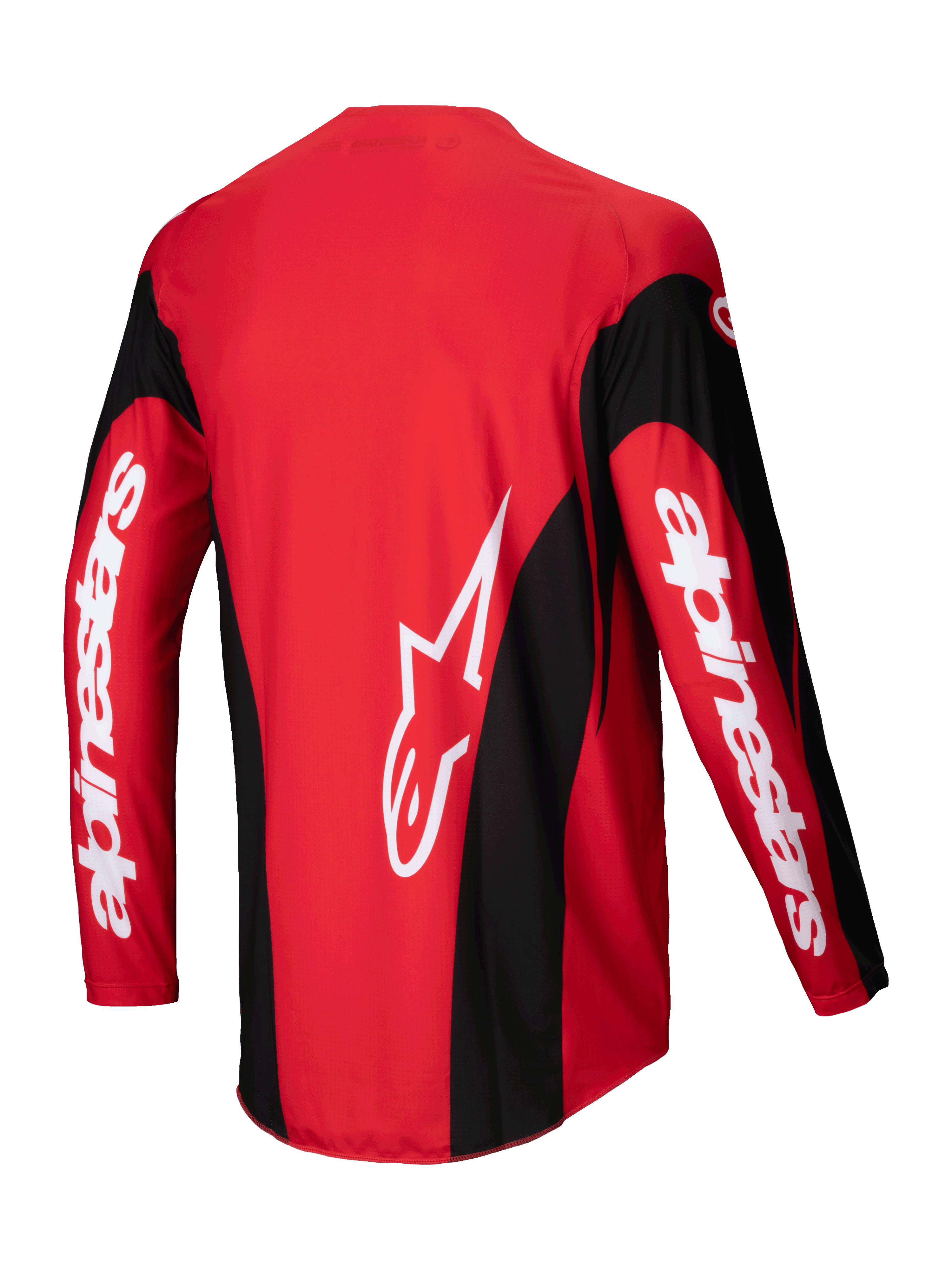 Alpinestars 2025 Techstar Dreem Trøje, motocross trøje set bagfra, rød og sort, let poly-stof stræk konstruktion og forlænget ryg