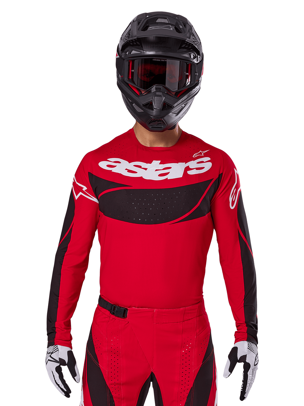 Alpinestars 2025 Techstar Dreem trøje, motocross-udstyr, klar rød og sort, med hvidt 'astars'-logo og sort ventileret brystpanel, bæres med matchende bukser, sort hjelm og hvide og sorte handsker, designet til professionel off-road racing
