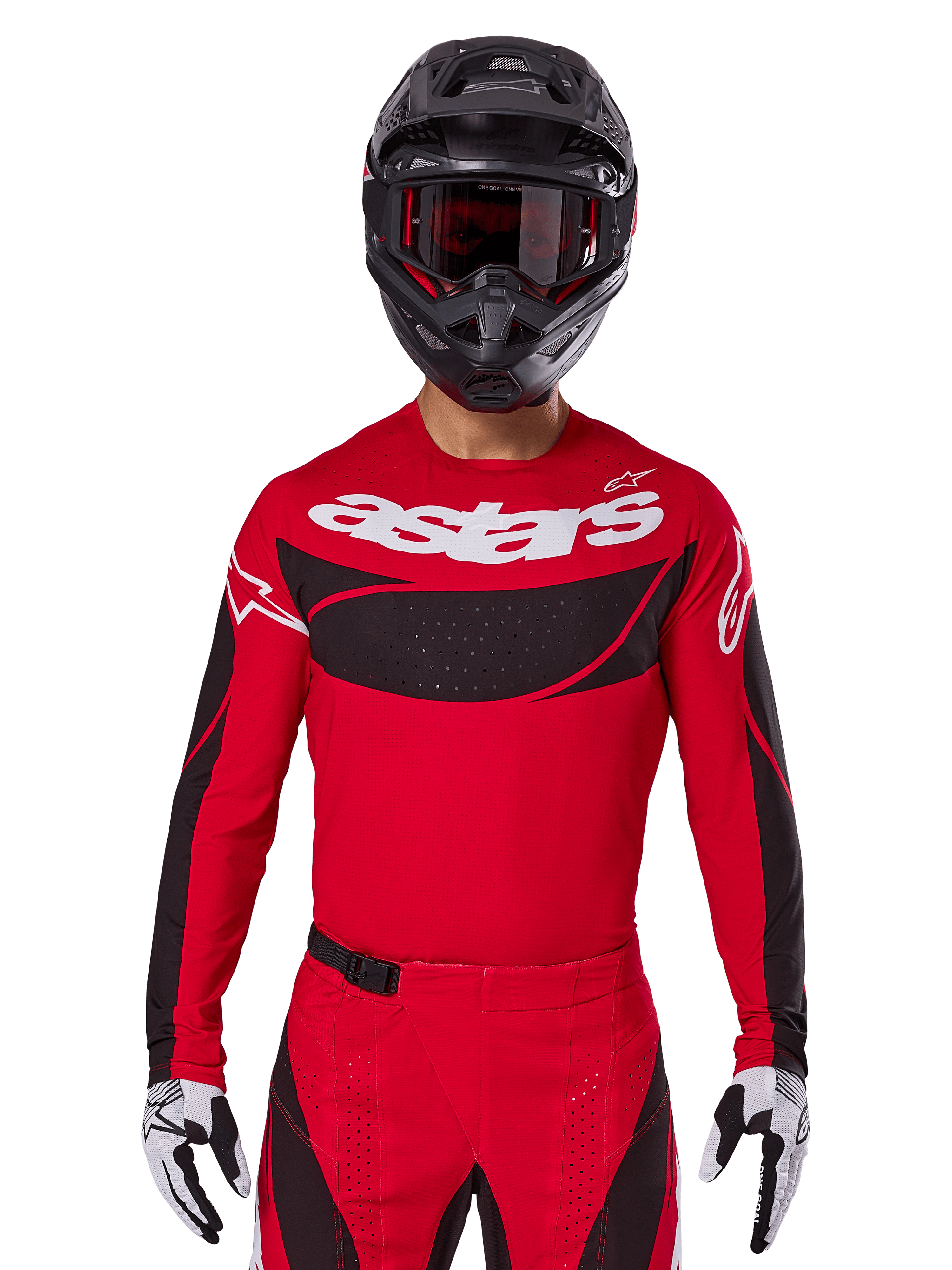 Alpinestars 2025 Techstar Dreem trøje, motocross-udstyr, klar rød og sort, med hvidt 'astars'-logo og sort ventileret brystpanel, bæres med matchende bukser, sort hjelm og hvide og sorte handsker, designet til professionel off-road racing