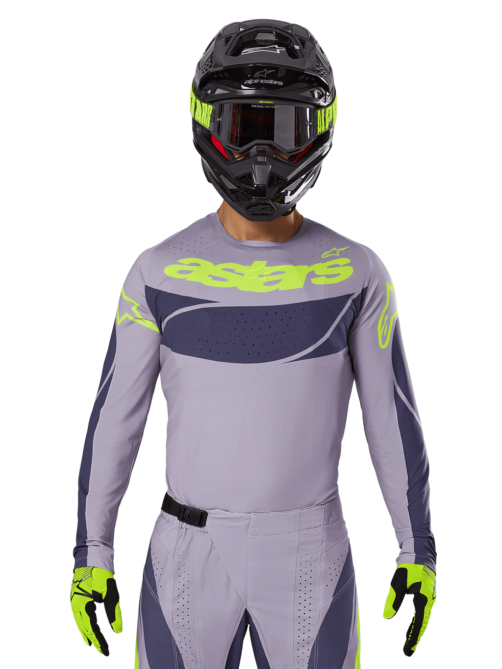 2025 Techstar Dreem jersey- og udstyrssæt, motocross-raceroutfit, lysegrå og mørkegrå med neongule detaljer, med 'astars'-branding, vist med sort hjelm, goggles og matchende handsker, teknisk perforeret materiale til off-road-brug
