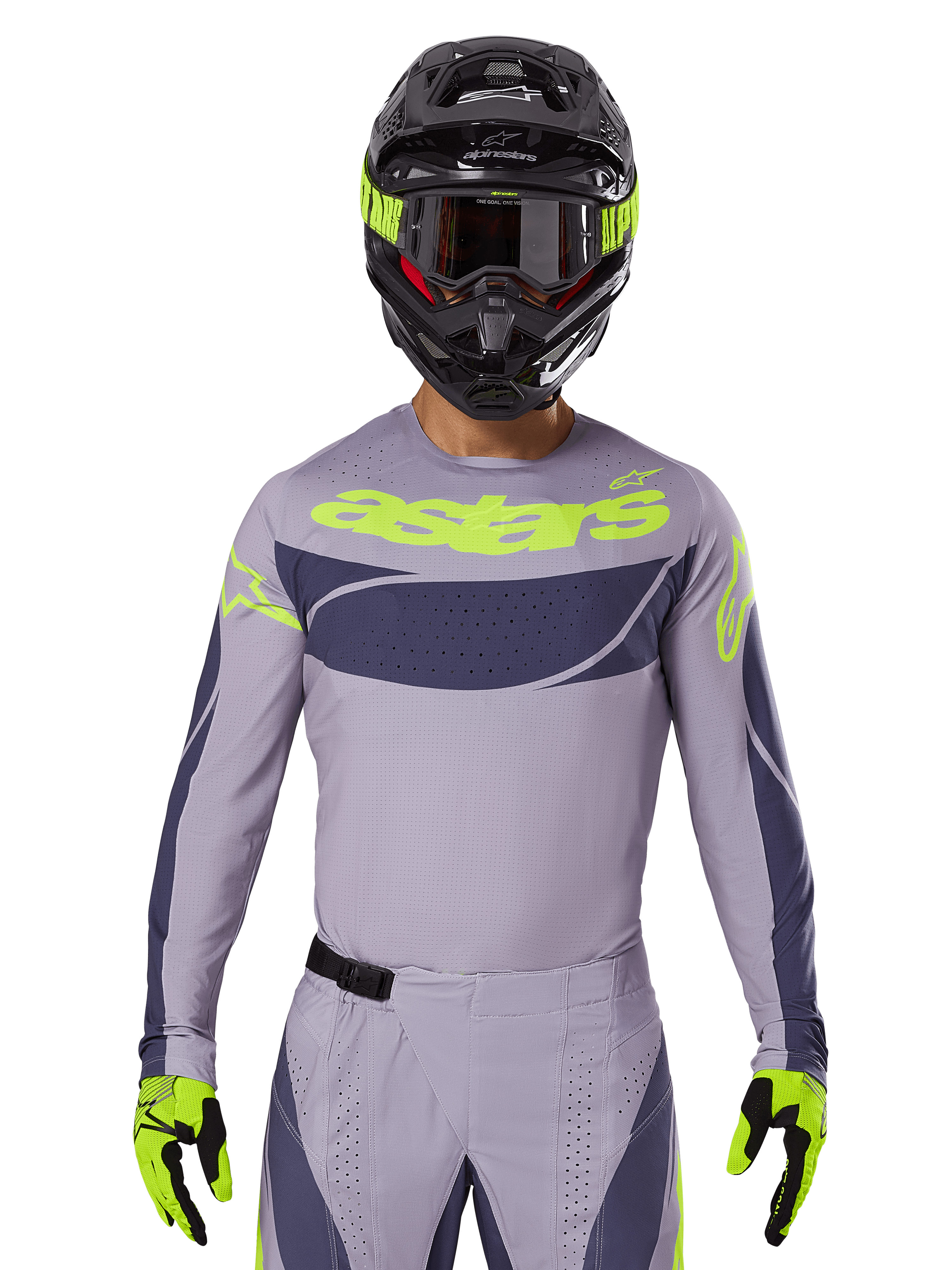 2025 Techstar Dreem jersey- og udstyrssæt, motocross-raceroutfit, lysegrå og mørkegrå med neongule detaljer, med 'astars'-branding, vist med sort hjelm, goggles og matchende handsker, teknisk perforeret materiale til off-road-brug