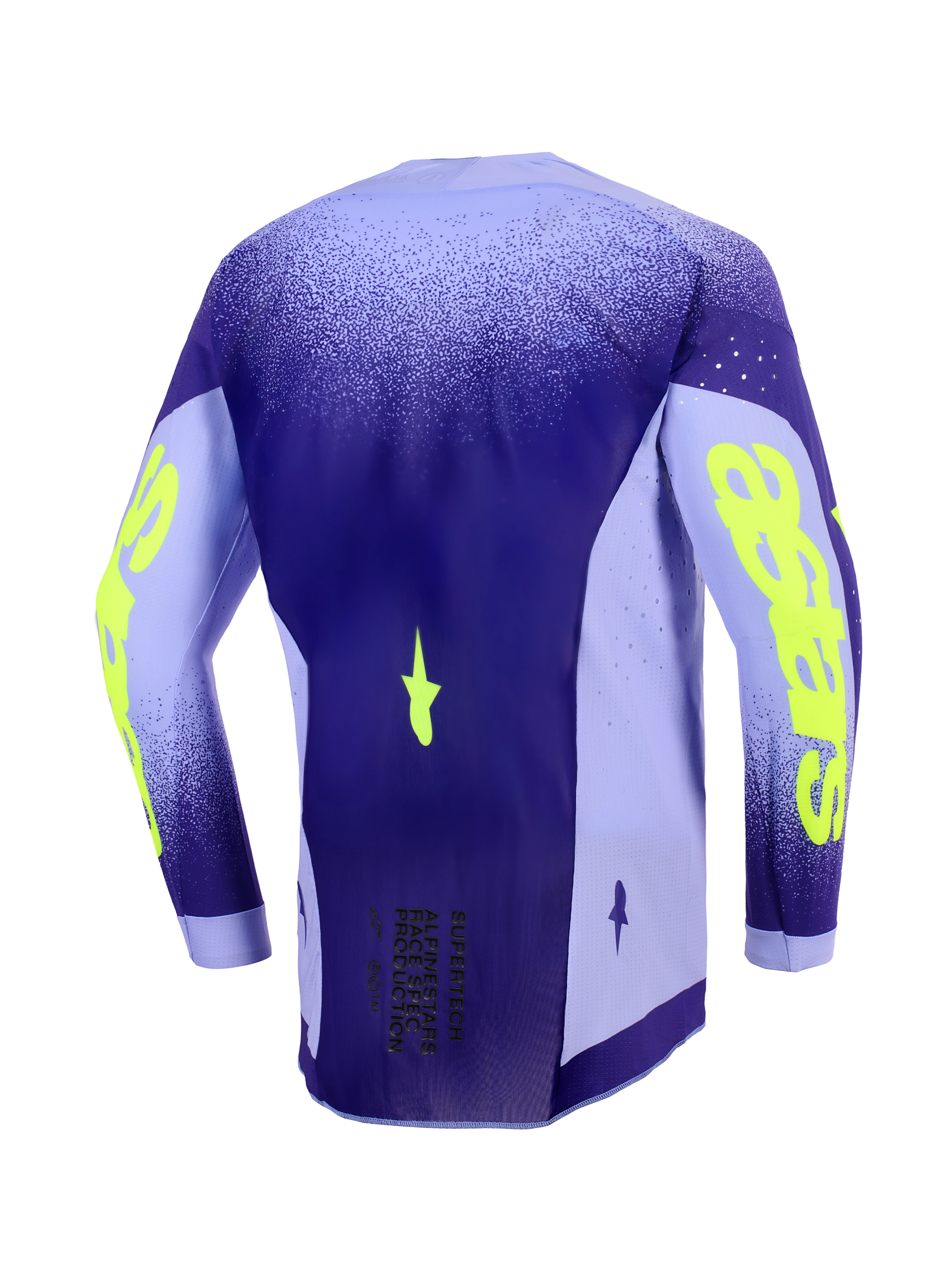 Alpinestars 2026 Supertech Scenz Jersey, motocross-trøje, lilla og neongul, set bagfra med forlænget rygprofil, lette sidepaneler i strækmesh med laserskårne perforeringer og markant neongul branding på ærmerne.