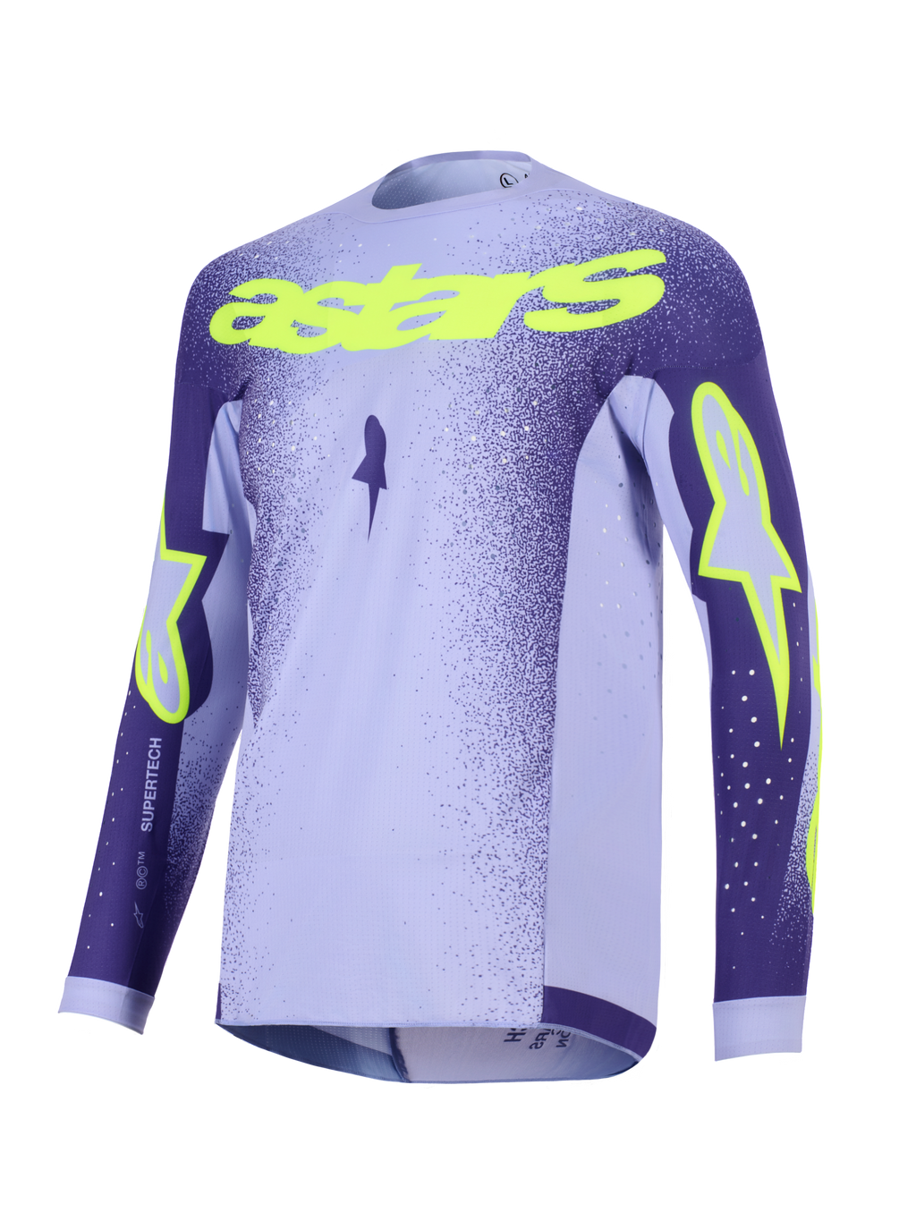 Alpinestars 2026 Supertech Scenz jersey, motocross-trøje, lilla og neongul, med paneler i lavendel og mørkelilla, neongul 'astars'-tekst og stjernelogoer, letvægts performance-mesh-design til off-road racing