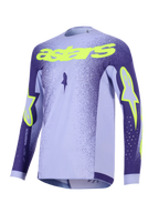 Alpinestars 2026 Supertech Scenz jersey, motocross-trøje, lilla og neongul, med paneler i lavendel og mørkelilla, neongul 'astars'-tekst og stjernelogoer, letvægts performance-mesh-design til off-road racing