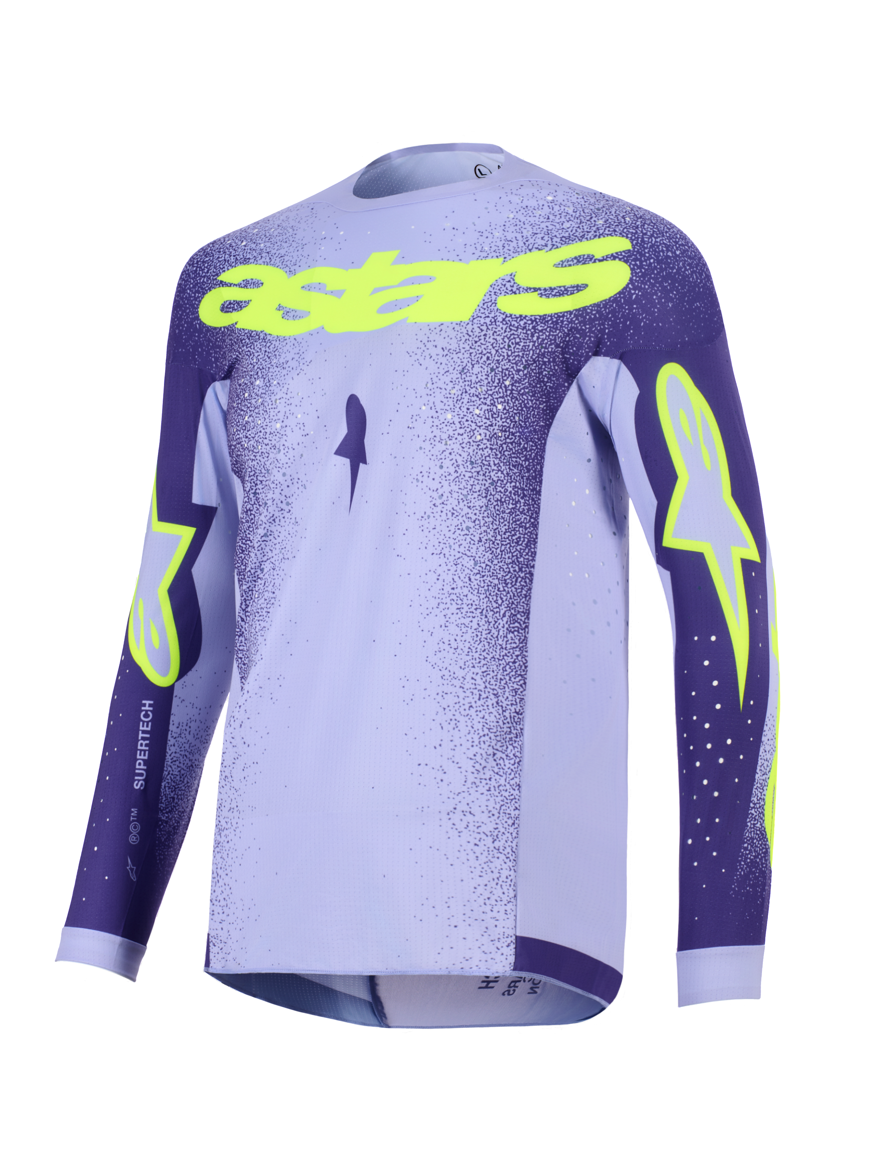 Alpinestars 2026 Supertech Scenz jersey, motocross-trøje, lilla og neongul, med paneler i lavendel og mørkelilla, neongul 'astars'-tekst og stjernelogoer, letvægts performance-mesh-design til off-road racing