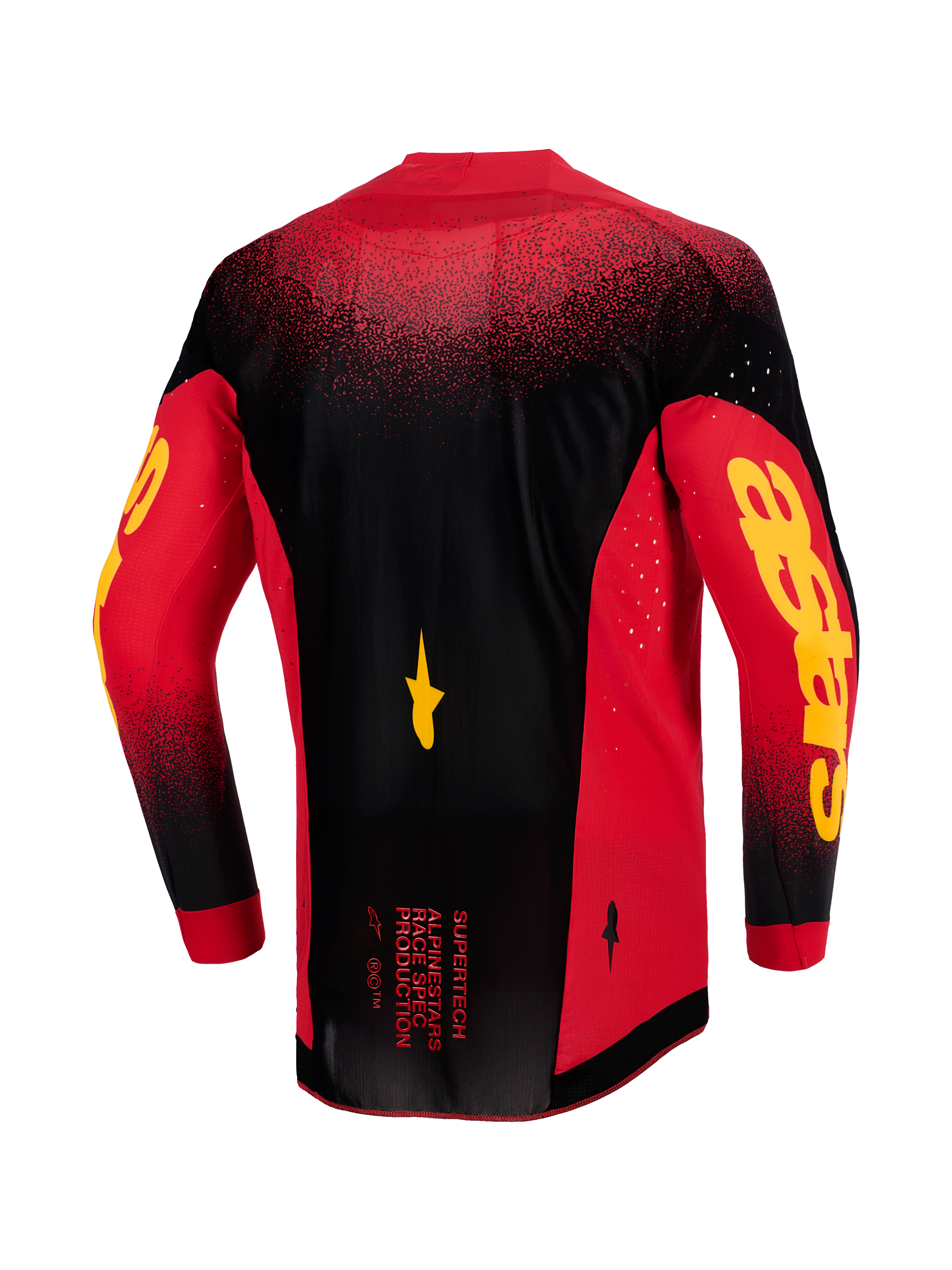 Alpinestars 2026 Supertech Scenz Jersey, set bagfra, rød, sort og gul, professionel motocross-jersey med letvægts-strækmesh, laserskåret ventilation, markant gult Astars-branding på ærmerne og forlænget rygstykke for racer-ydeevne