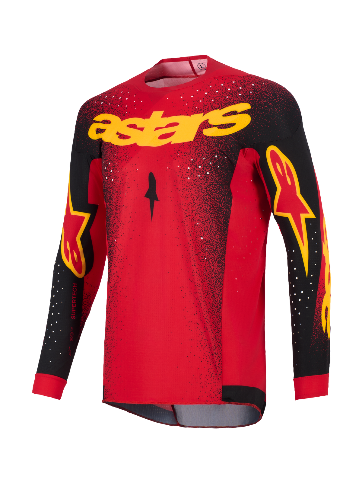 Alpinestars 2026 Supertech Scenz trøje, motocross-trøje, rød, sort og gul, med gult 'astars'-brand på brystet, sorte ærmer med logo-accenter og hvidt nistret mønster på skuldrene og overkroppen