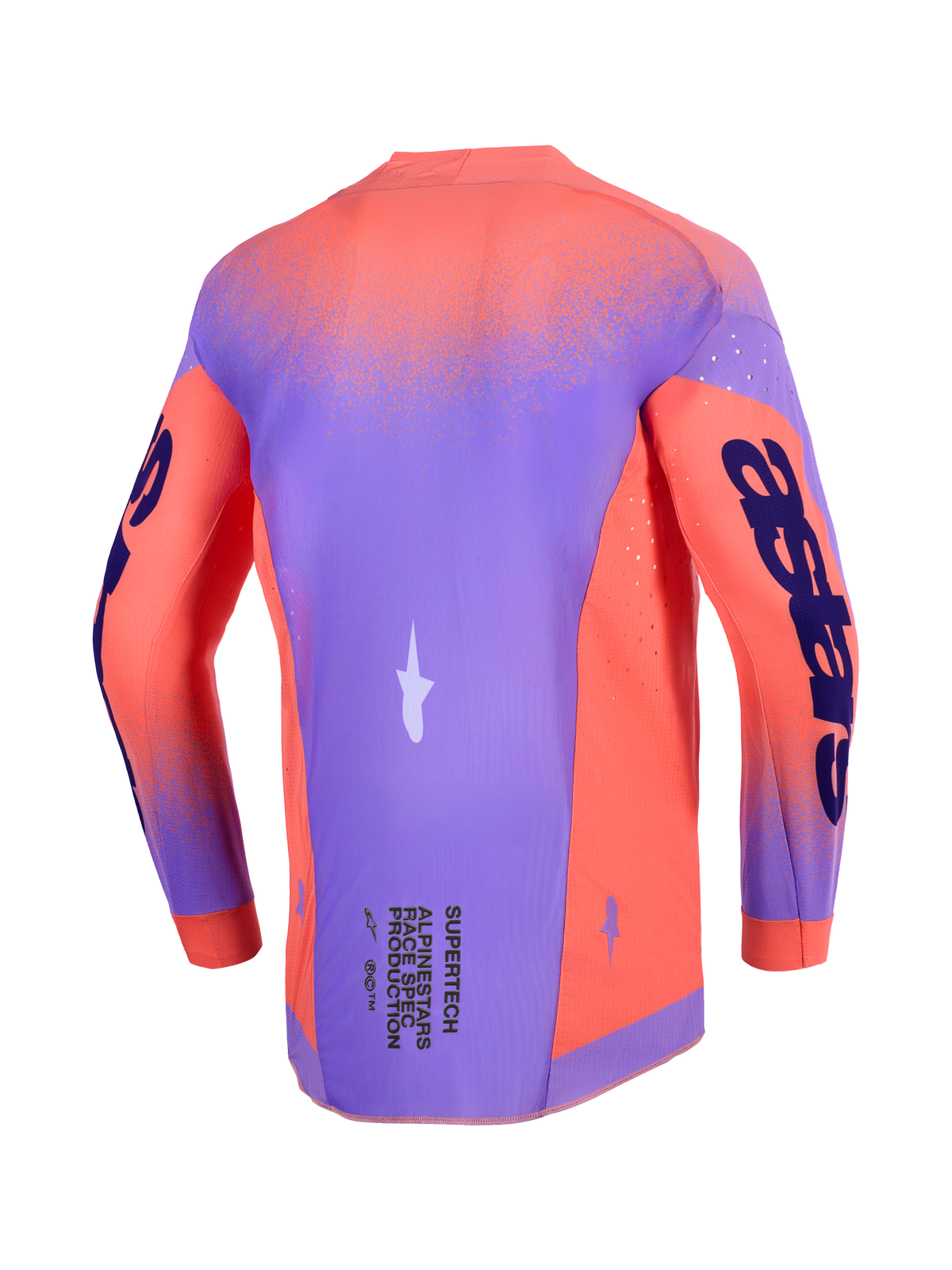 Alpinestars 2026 Supertech Scenz Jersey, motocross-trøje, Hot Coral og lilla, set bagfra med letvægts stretch-mesh-chassis, laserskårne perforeringer til ventilation og markant branding på ærmerne og den nederste del af ryggen.