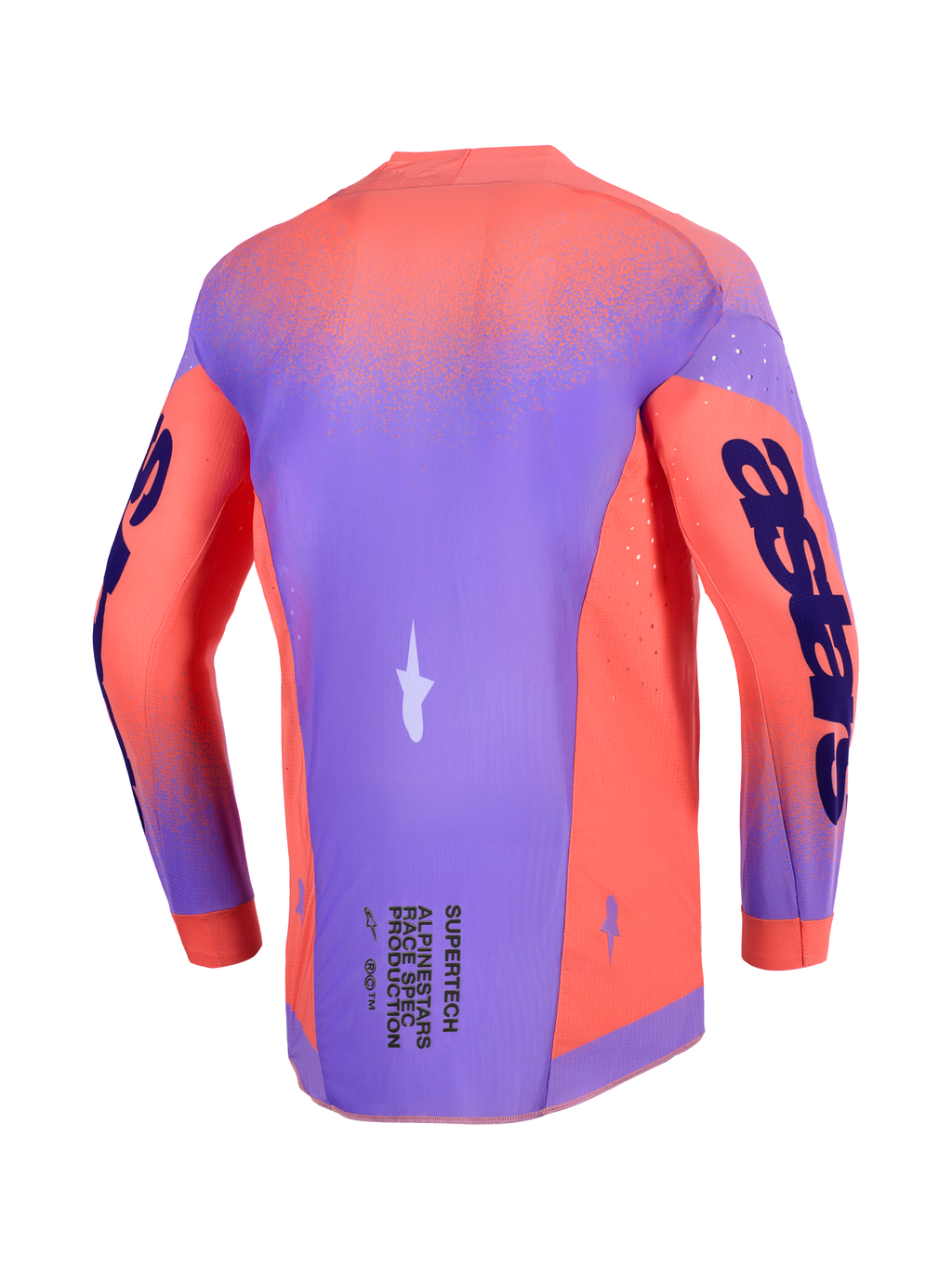 Alpinestars 2026 Supertech Scenz Jersey, motocross-trøje, Hot Coral og lilla, set bagfra med letvægts stretch-mesh-chassis, laserskårne perforeringer til ventilation og markant branding på ærmerne og den nederste del af ryggen.