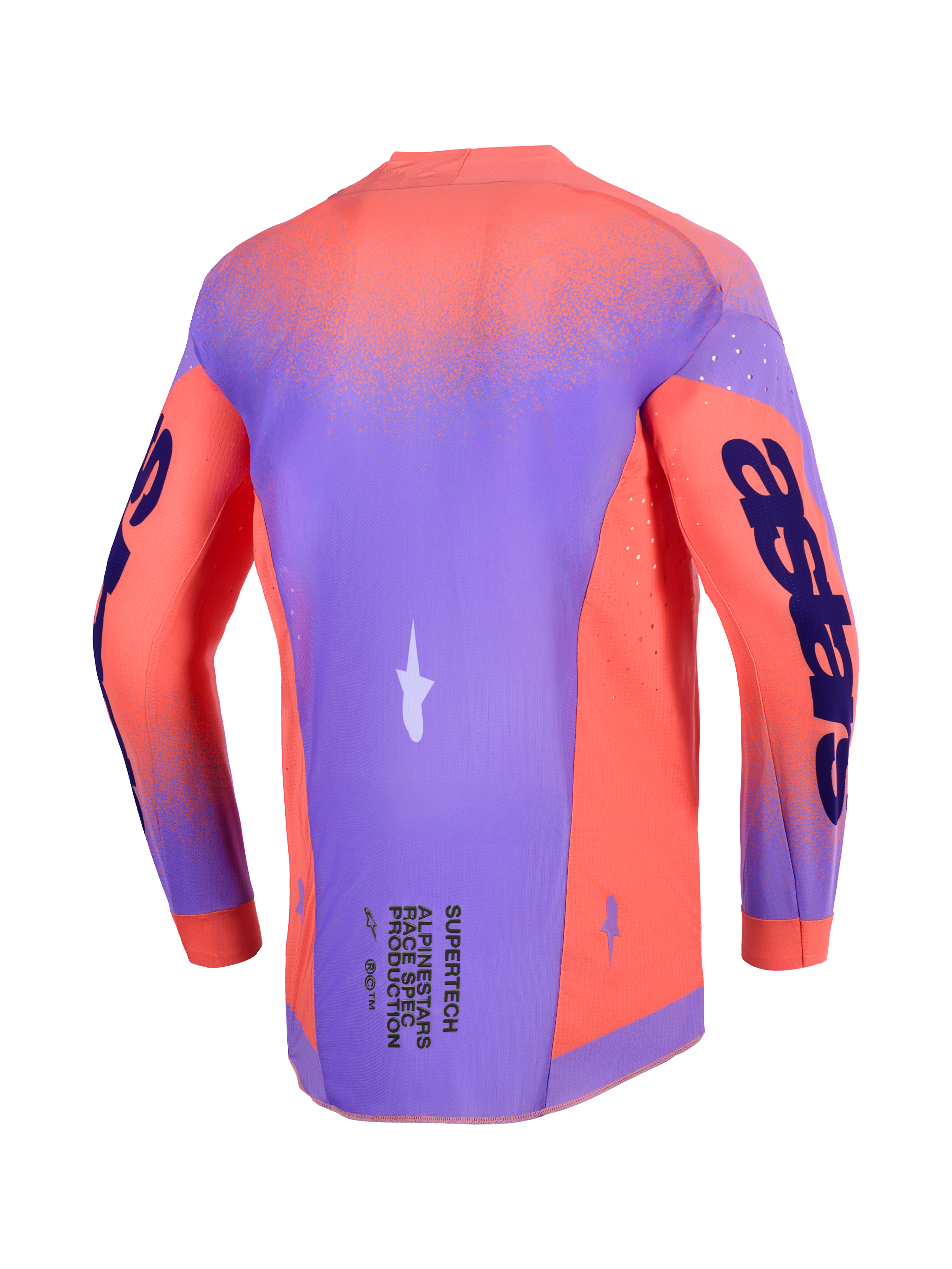Alpinestars 2026 Supertech Scenz Jersey, motocross-trøje, Hot Coral og lilla, set bagfra med letvægts stretch-mesh-chassis, laserskårne perforeringer til ventilation og markant branding på ærmerne og den nederste del af ryggen.