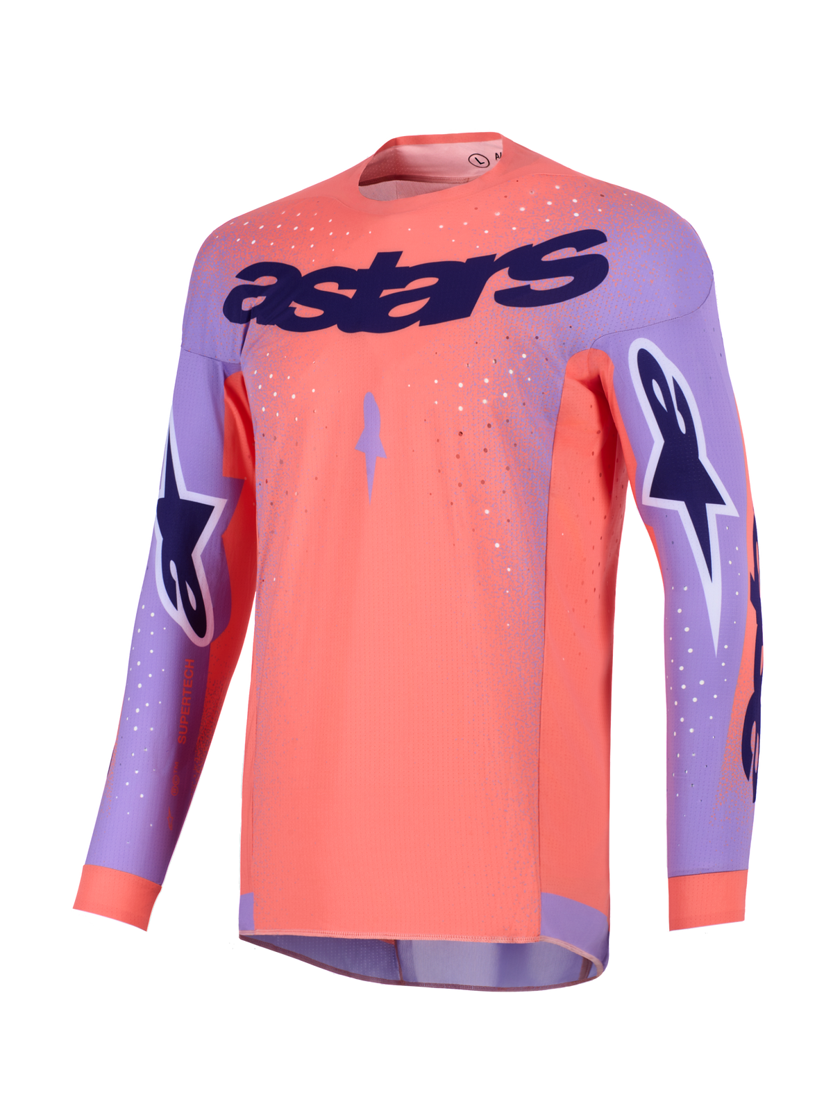 Alpinestars 2026 Supertech Scenz jersey, motocross-trøje, Hot Coral og lilla, med stort lilla 'astars'-logo på brystet, stjernelogoer på ærmerne og perforerede mesh-paneler til high-performance terrænkørsel