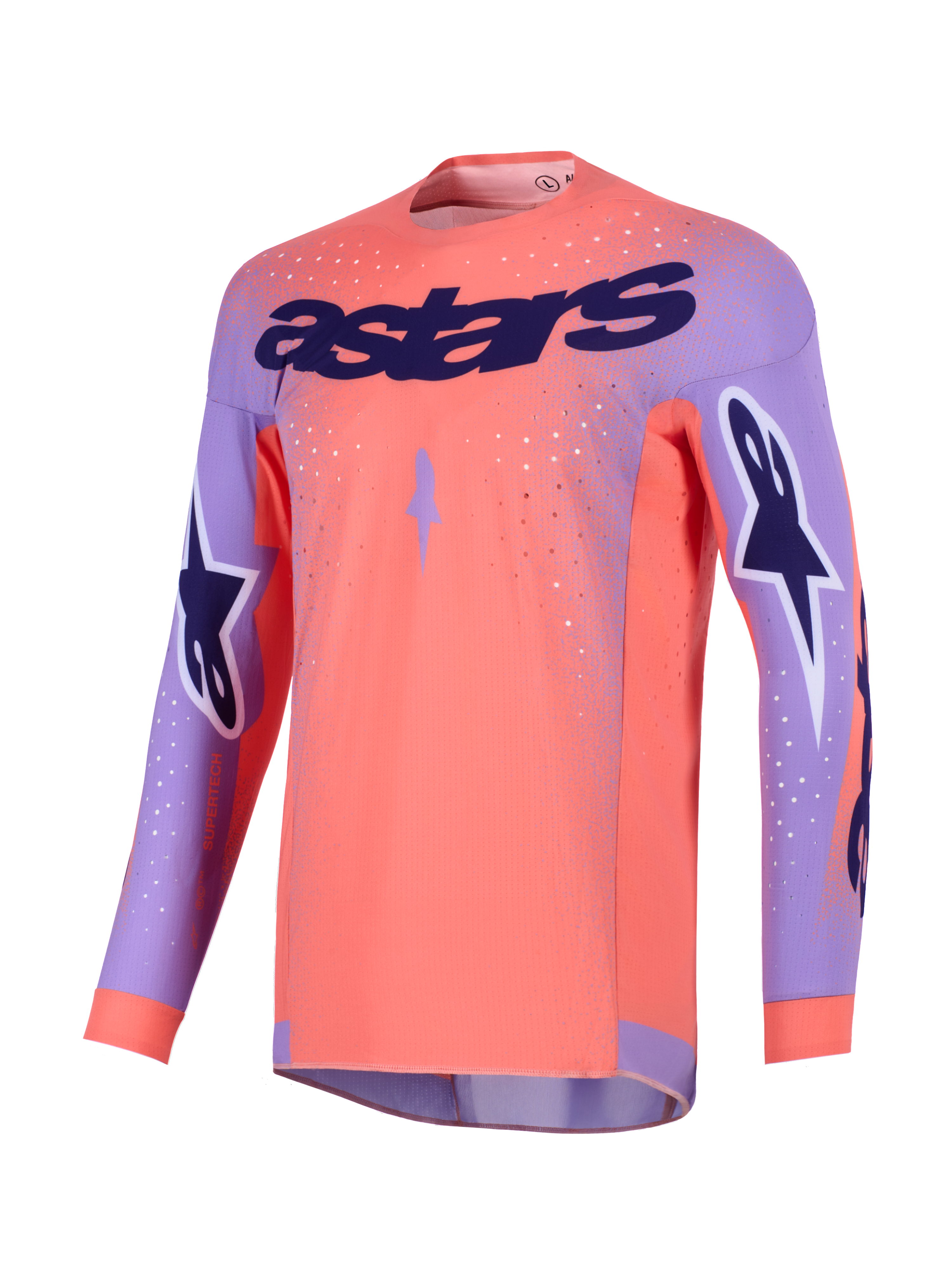 Alpinestars 2026 Supertech Scenz jersey, motocross-trøje, Hot Coral og lilla, med stort lilla 'astars'-logo på brystet, stjernelogoer på ærmerne og perforerede mesh-paneler til high-performance terrænkørsel