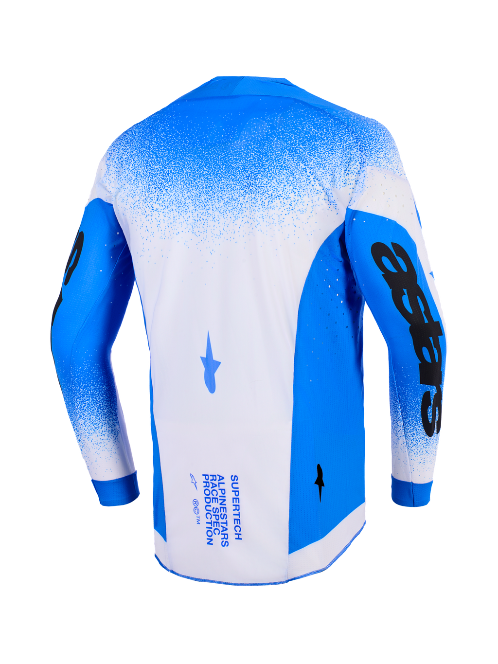 Alpinestars 2026 Supertech Scenz jersey, set bagfra, Ucla Blue og hvid, professionel motocross jersey med mesh-konstruktion og laserskårne perforeringer, markant sort grafik på ærmerne og teknisk branding på ryggen.
