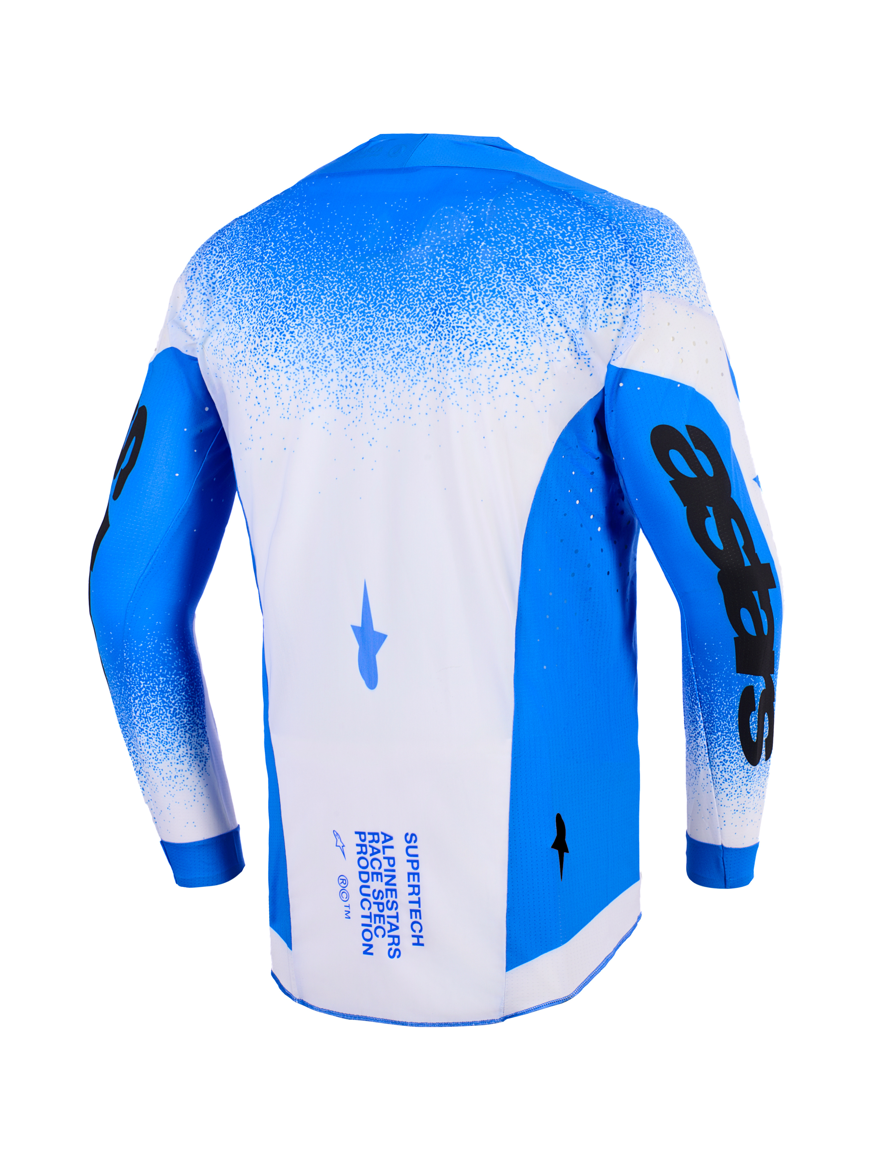 Alpinestars 2026 Supertech Scenz jersey, set bagfra, Ucla Blue og hvid, professionel motocross jersey med mesh-konstruktion og laserskårne perforeringer, markant sort grafik på ærmerne og teknisk branding på ryggen.