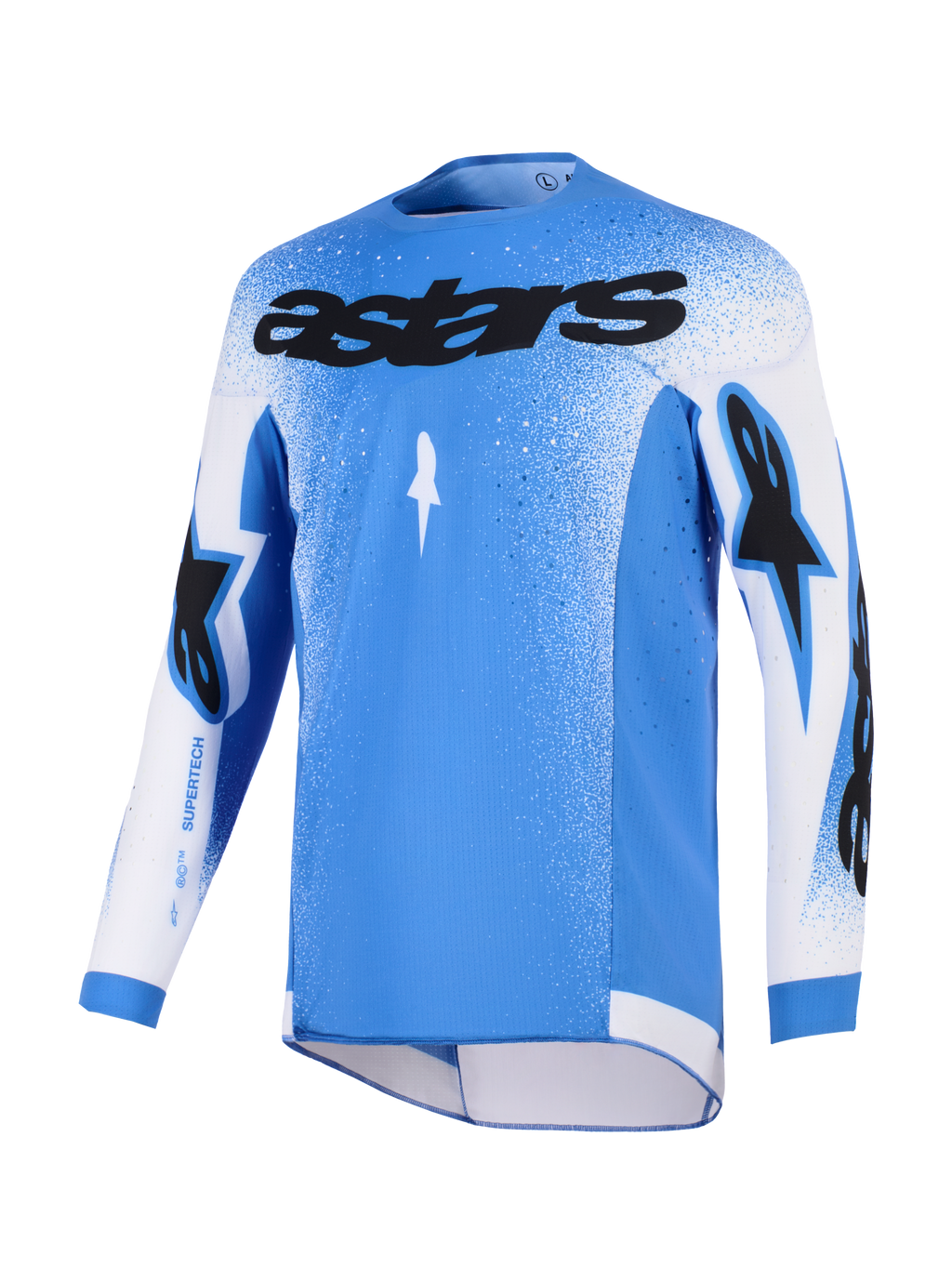 Alpinestars 2026 Supertech Scenz jersey, motocross-jersey, UCLA blå og hvid, med sort astars-logo på brystet, gradueret nistret design på skuldre og ærmer, letvægts stretch-mesh, atletisk performance-pasform til off-road racing