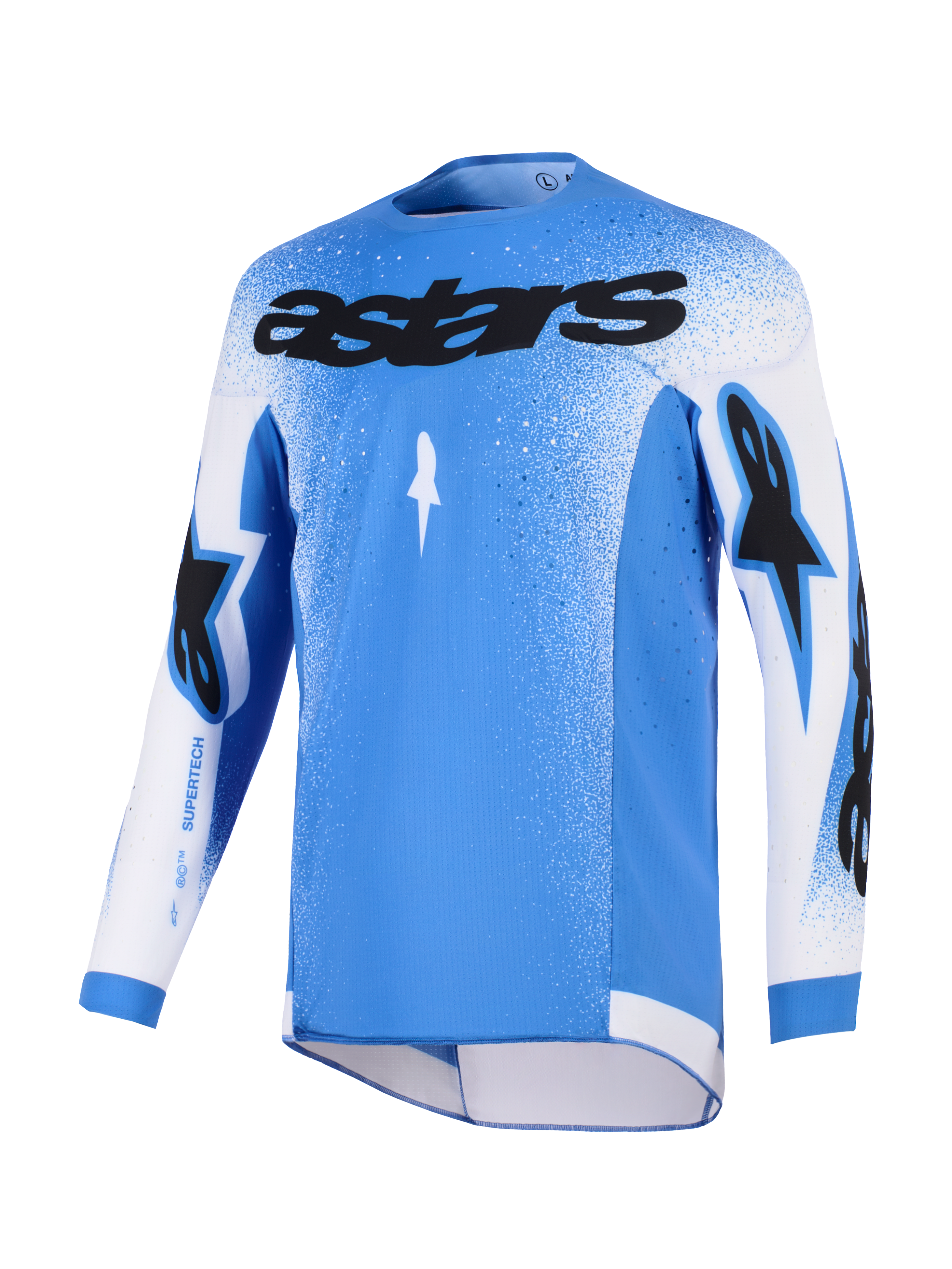 Alpinestars 2026 Supertech Scenz jersey, motocross-jersey, UCLA blå og hvid, med sort astars-logo på brystet, gradueret nistret design på skuldre og ærmer, letvægts stretch-mesh, atletisk performance-pasform til off-road racing