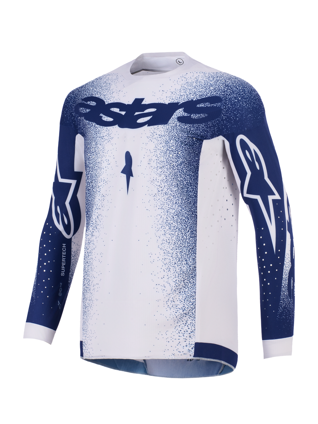 Alpinestars 2026 Supertech Scenz jersey, motocross-trøje, lysegrå og mørkeblå, med mørkeblå Astars-branding på brystet og ærmerne, gradueret nistret mønster, laserskårne perforeringer til ventilation, professionelt terrænracerudstyr