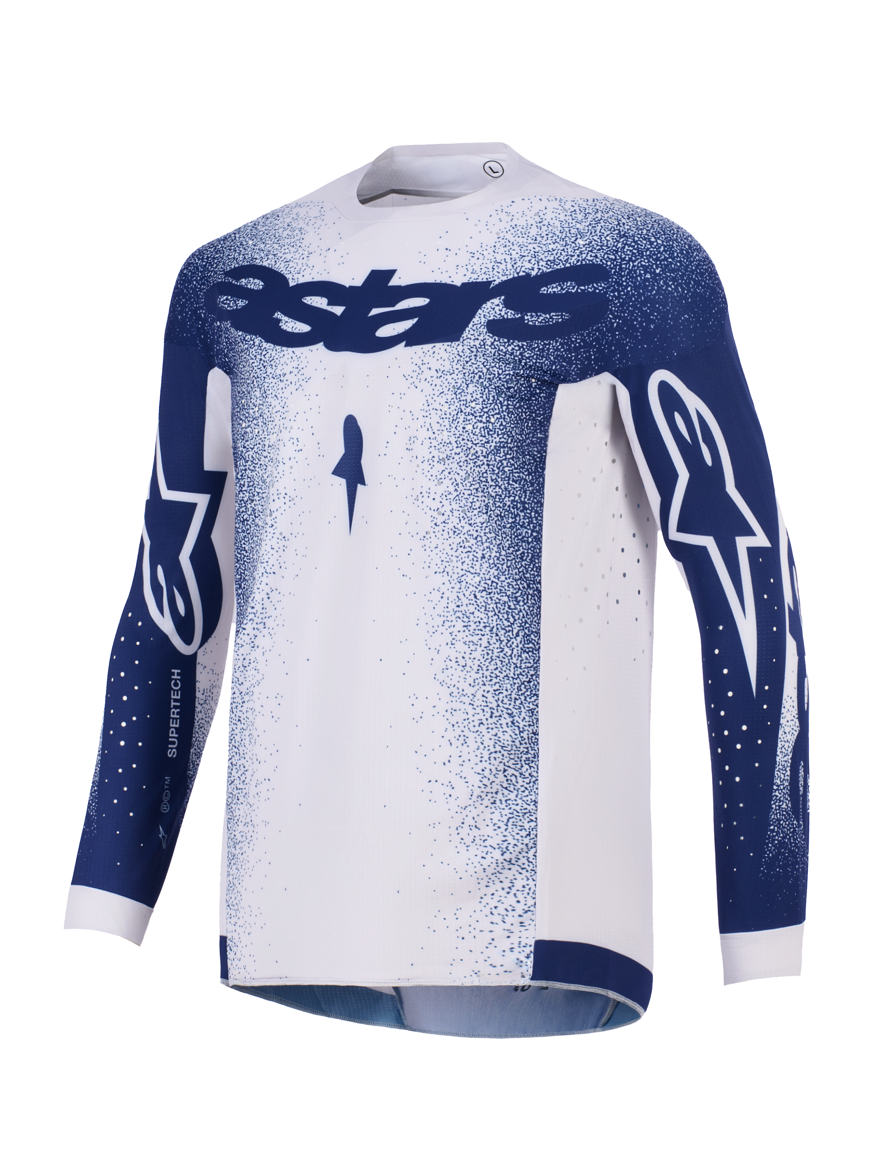 Alpinestars 2026 Supertech Scenz jersey, motocross-trøje, lysegrå og mørkeblå, med mørkeblå Astars-branding på brystet og ærmerne, gradueret nistret mønster, laserskårne perforeringer til ventilation, professionelt terrænracerudstyr