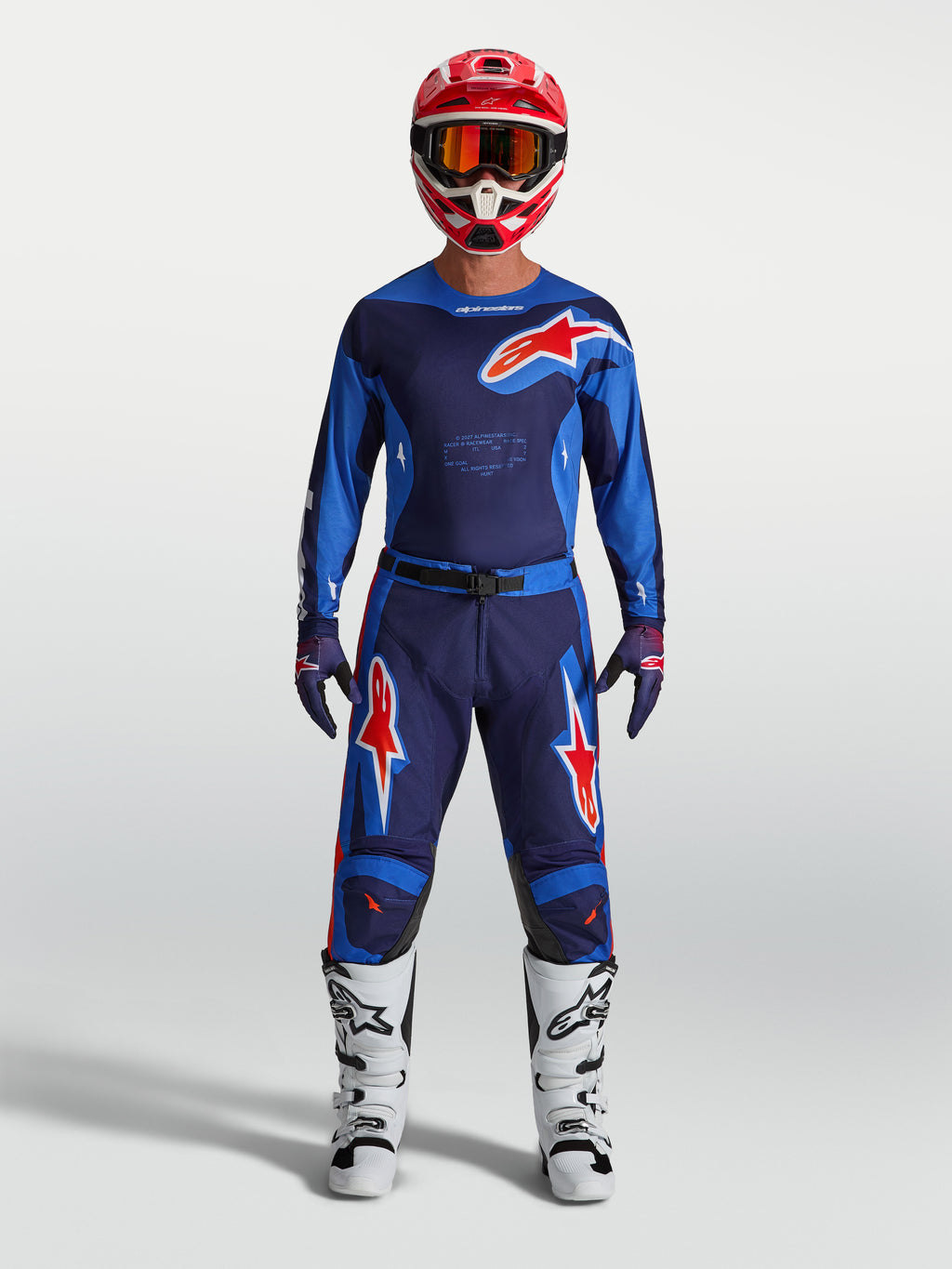 Alpinestars 2027 Racer Hunt trøje og gear sæt, herre-motocrossudstyr i blå og rød, åndbar tekstilkonstruktion