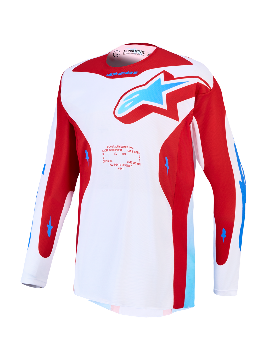 Alpinestars Racer Hunt trøje, hvid og rød motocrosstrøje med blå detaljer og ventilerede mesh-paneler.