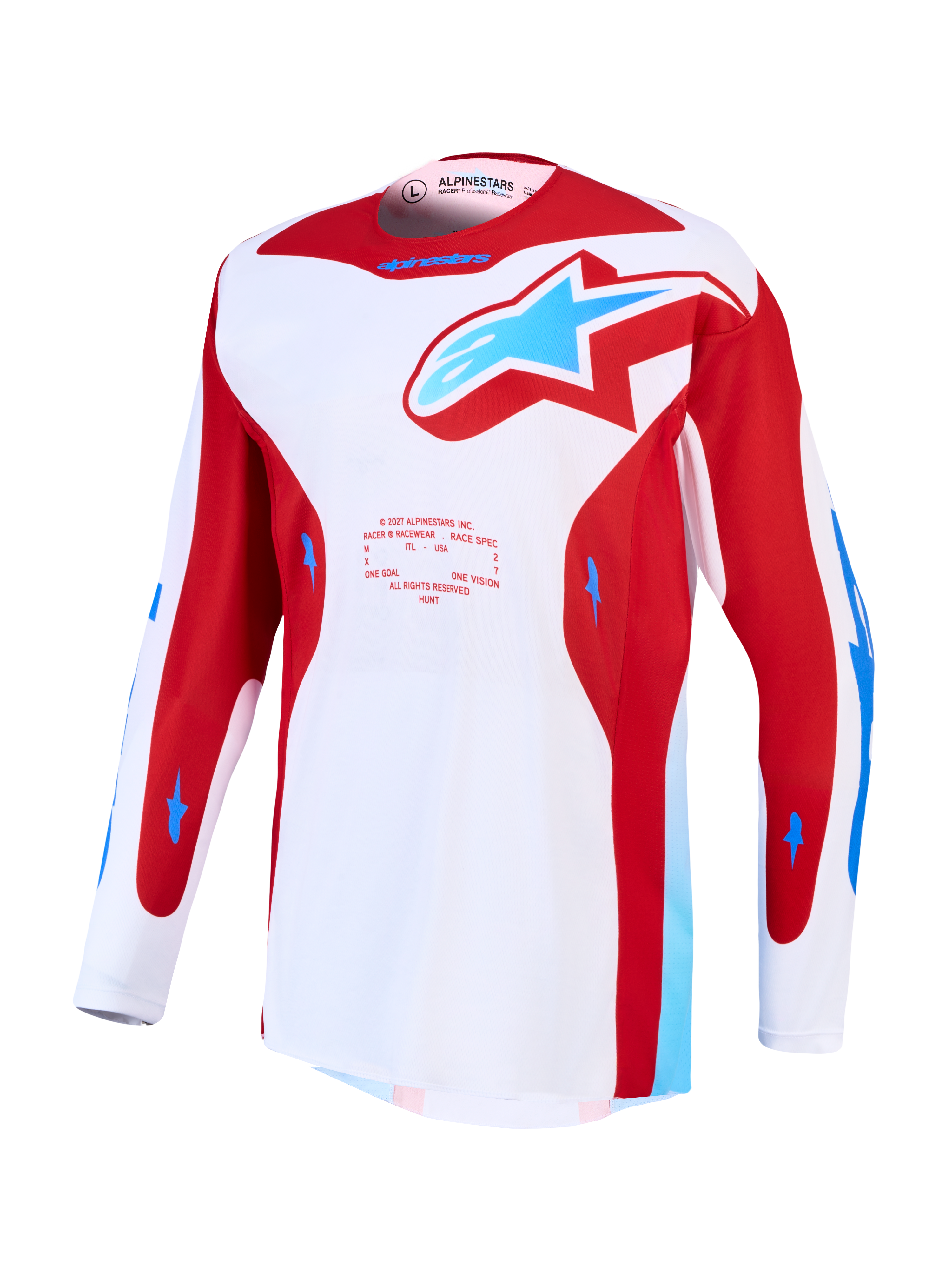 Alpinestars Racer Hunt trøje, hvid og rød motocrosstrøje med blå detaljer og ventilerede mesh-paneler.