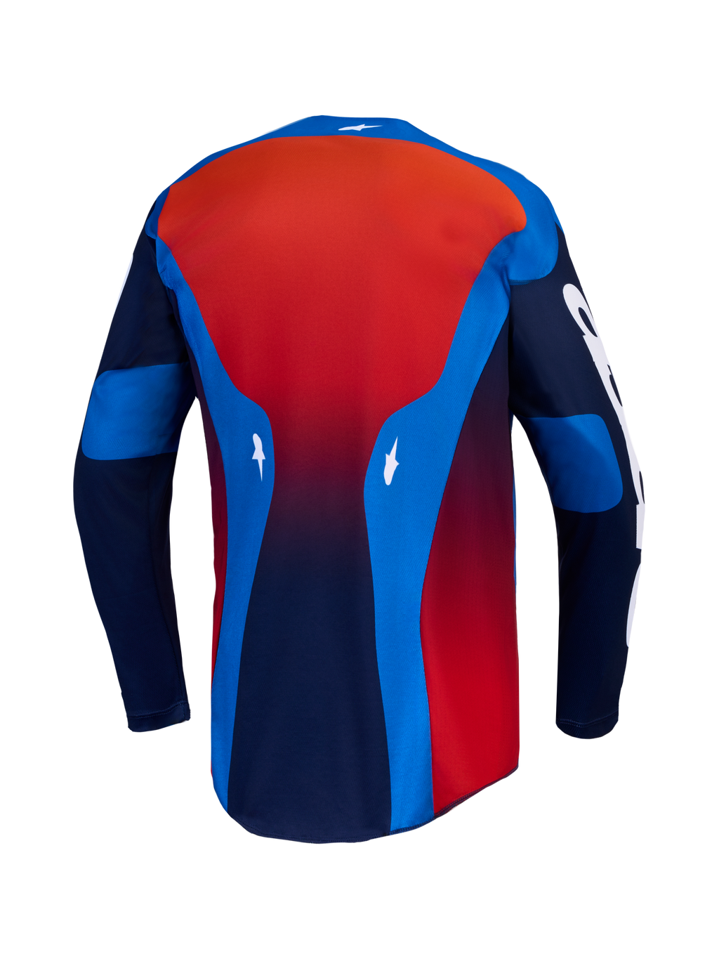 Alpinestars 2027 Racer Hunt Jersey, back view of a blue and red men's motocross jersey with a moisture-wicking extended hem.