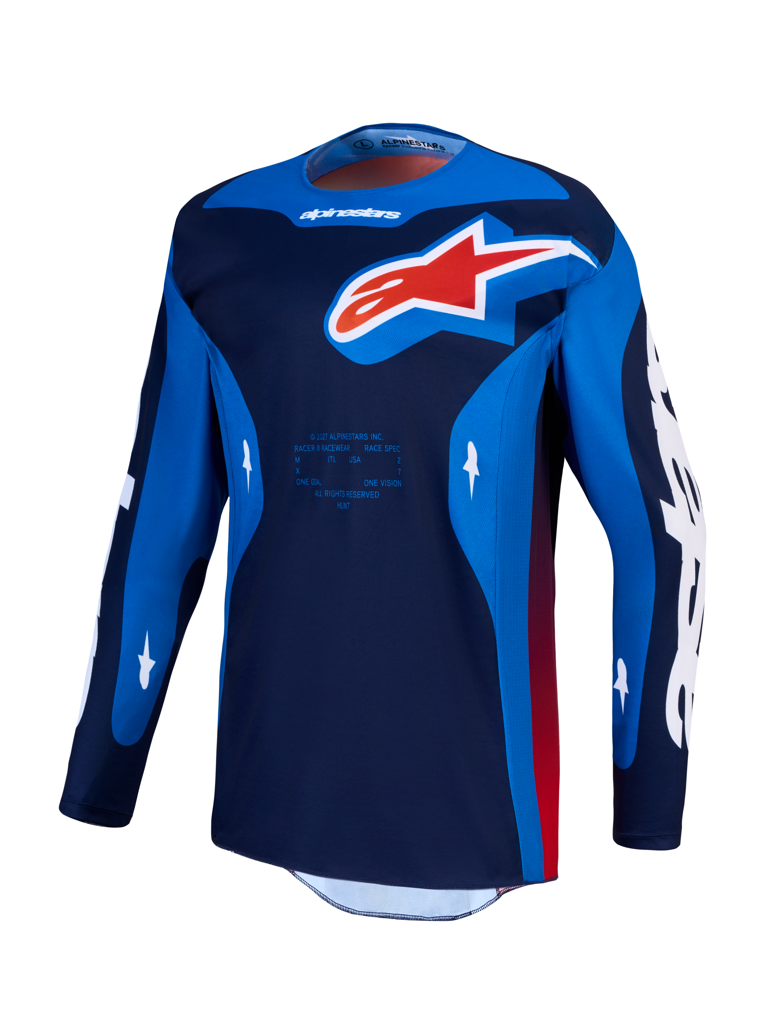 Alpinestars 2027 Racer Hunt Jersey, Men's Motocross Jersey, Blue and Navy Textile with Red and White logo accents.